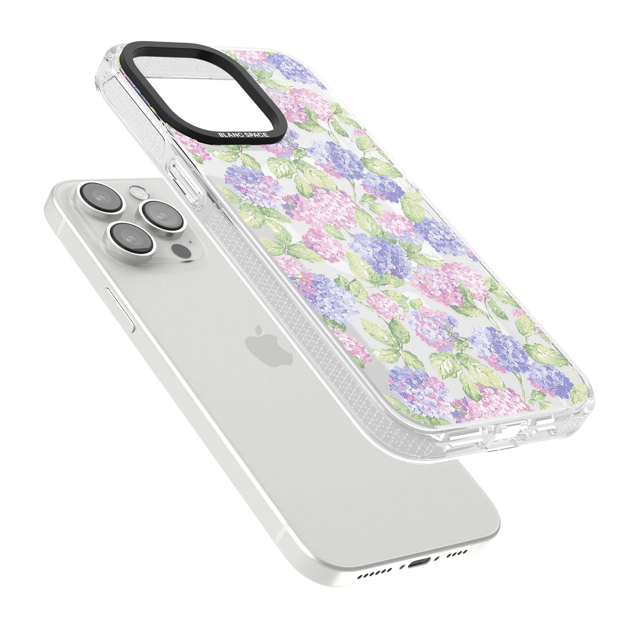 Cottage Hydrangea cottagecore iPhone case featuring pink and purple hydrangea blooms with green leaves on a clear background | Clear Case Impact Air case for iPhone 15 Pro, iPhone 15 Pro Max