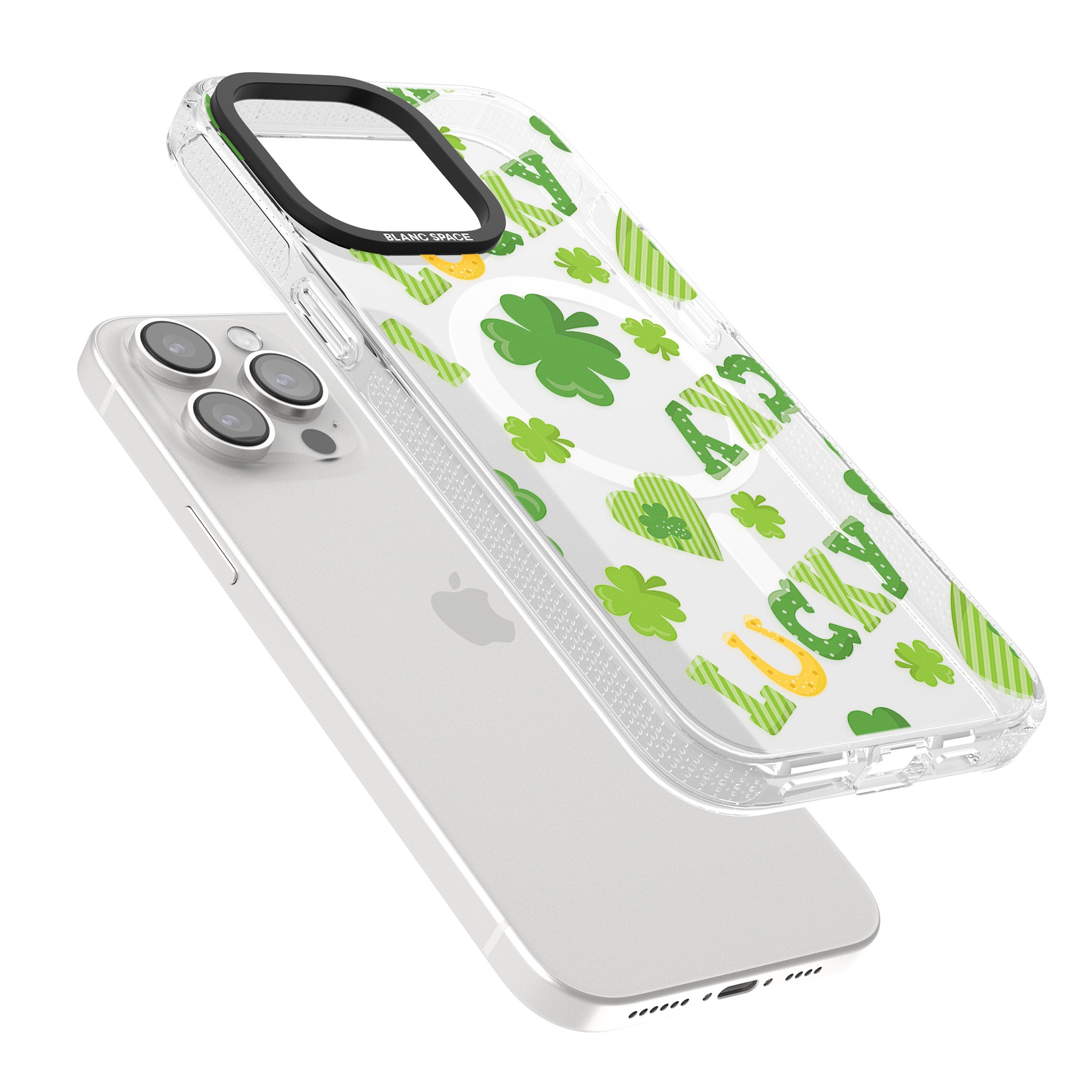 Lucky Irish Clover iPhone 15 Pro Max / 15 Pro / 14 Pro Max / 14 Pro / 13 Pro Clear Case Impact Air - Blanc Space