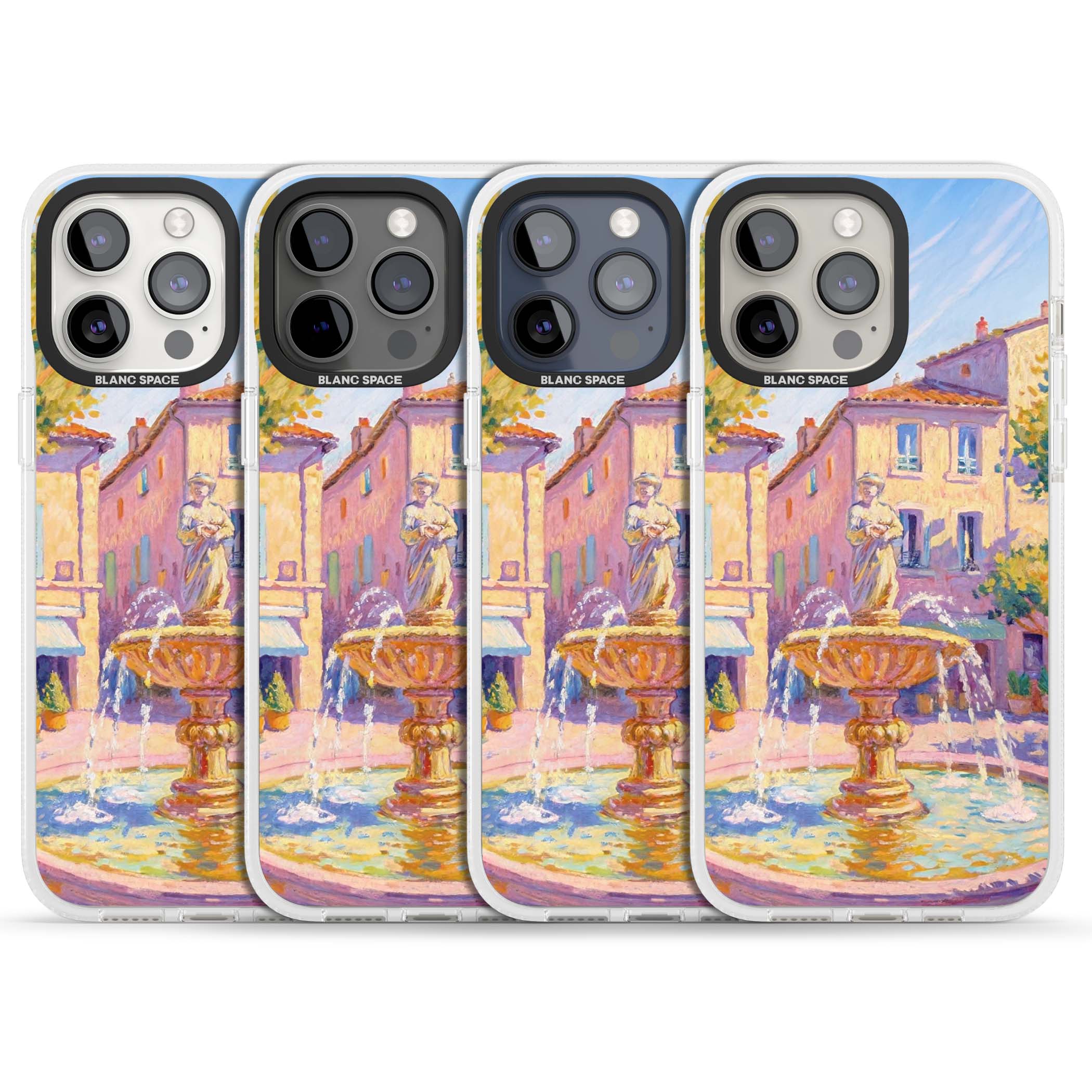 Fountain Square fine art iPhone case featuring an impressionist Provençal fountain, pastel village buildings and summe | Clear Case Impact Air case for iPhone 15 Pro, iPhone 15 Pro Max