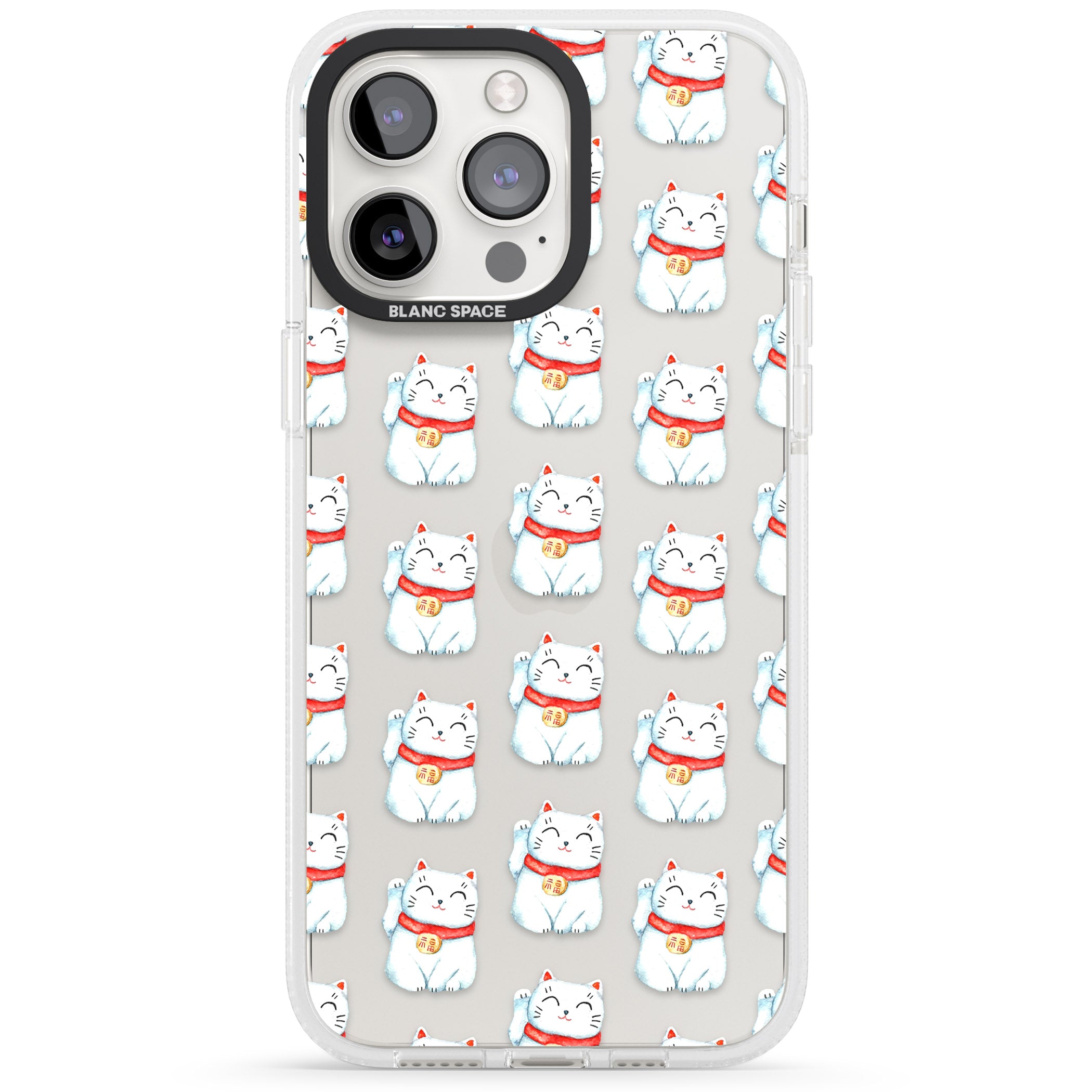 Lucky Cat Maneki-Neko Japanese Pattern iPhone 15 Pro Max / 15 Pro / 14 Pro Max / 14 Pro / 13 Pro Clear Case Impact Air - Blanc Space