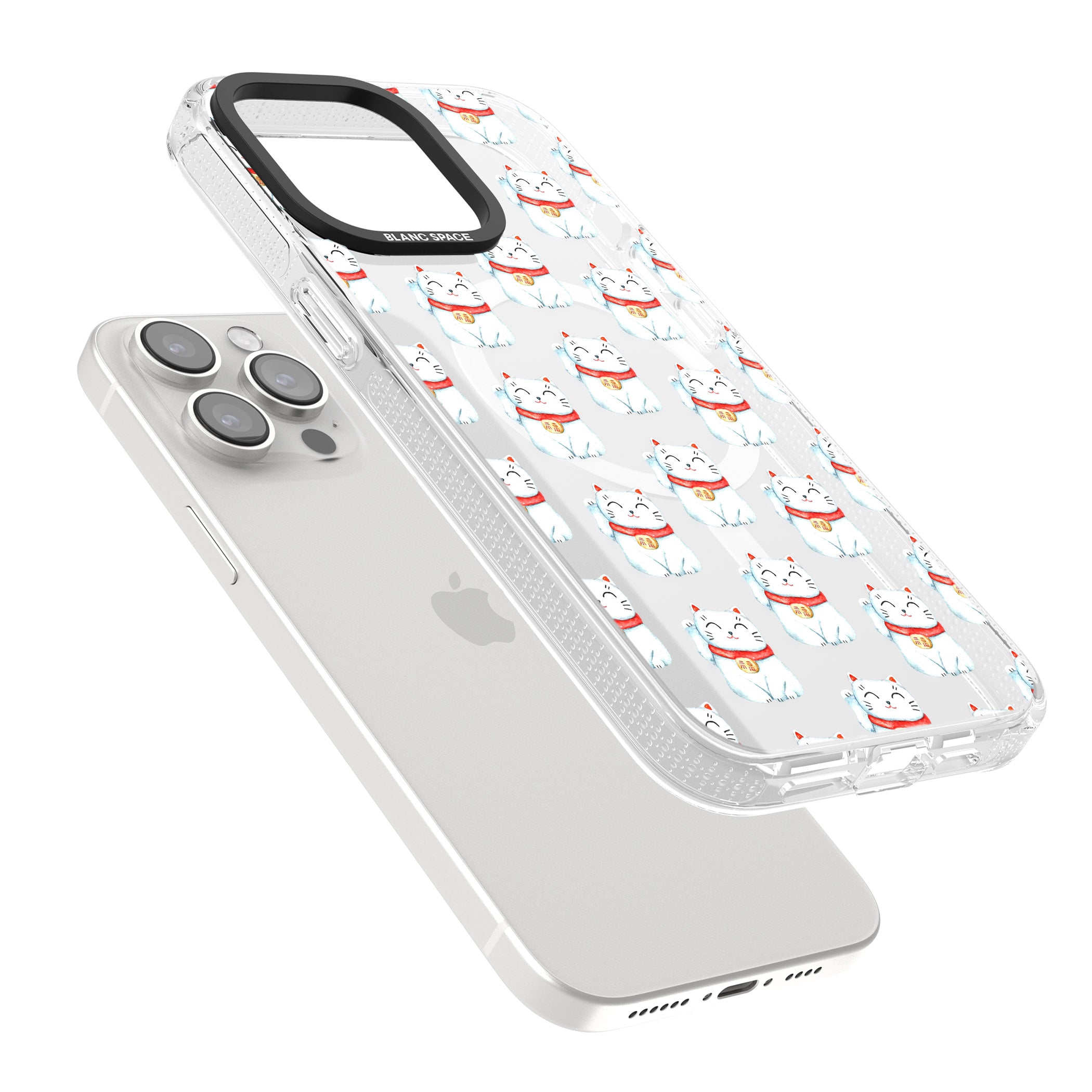 Lucky Cat Maneki-Neko Japanese Pattern iPhone 15 Pro Max / 15 Pro / 14 Pro Max / 14 Pro / 13 Pro Clear Case Impact Air - Blanc Space
