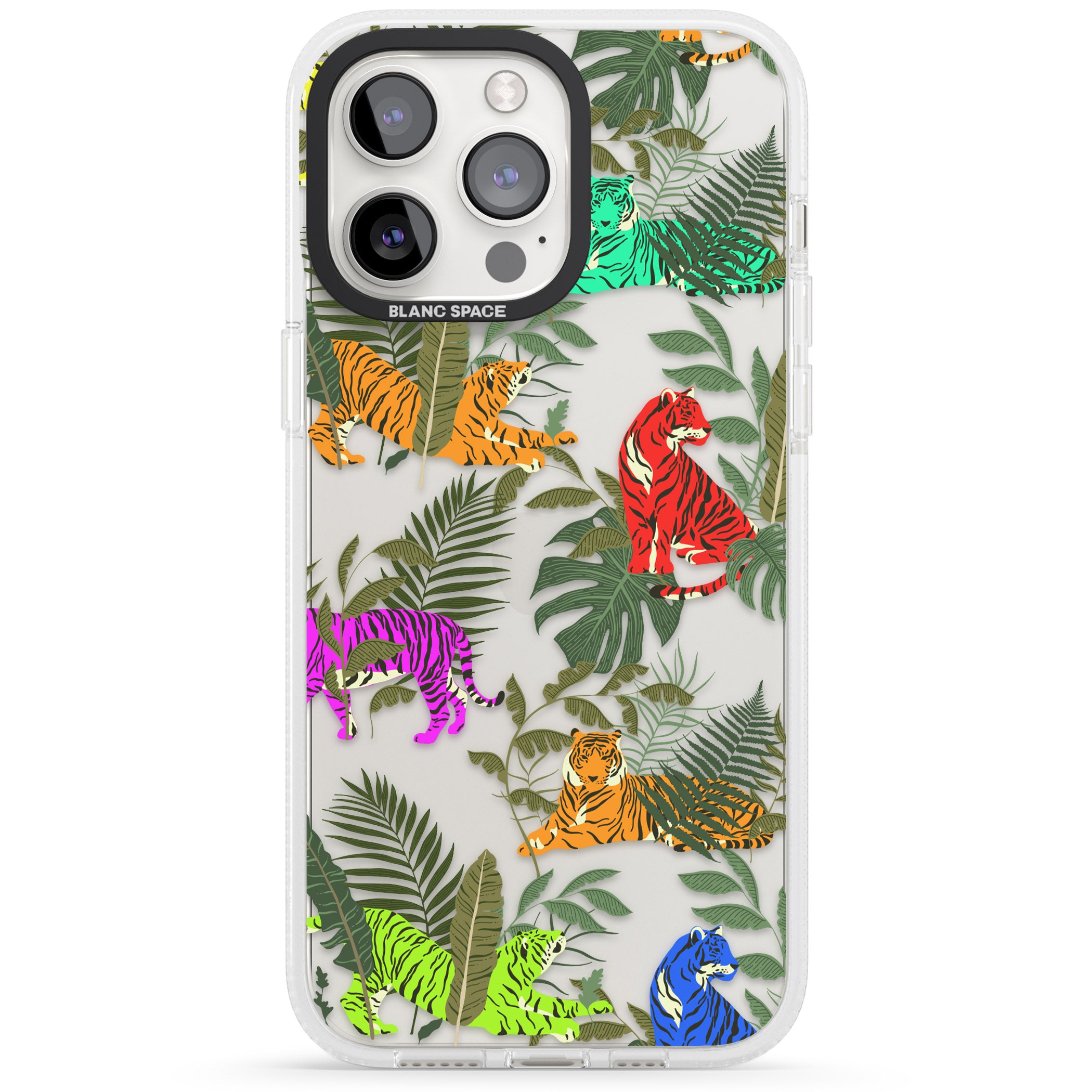 Colourful Tiger Jungle Cat Pattern iPhone 15 Pro Max / 15 Pro / 14 Pro Max / 14 Pro / 13 Pro Clear Case Impact Air - Blanc Space