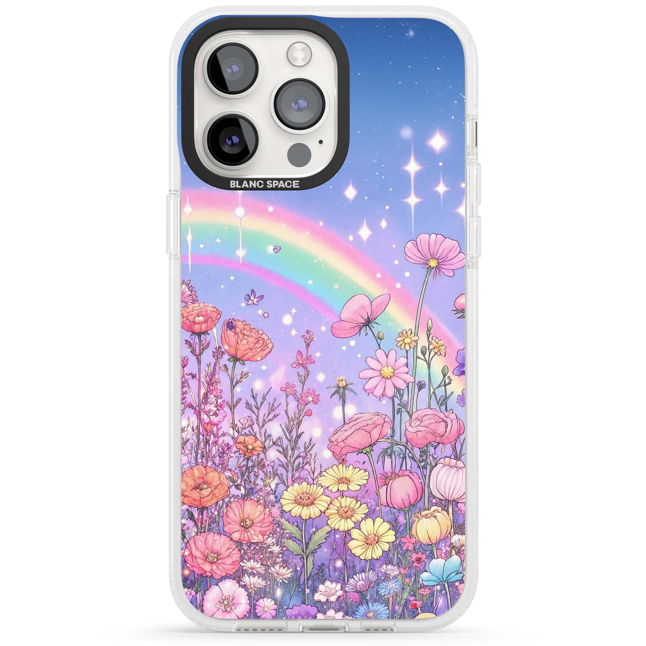 Magical Meadow fairycore iPhone case featuring a pastel rainbow, sparkling stars and a wildflower meadow | Clear Case Impact Air case for iPhone 15 Pro, iPhone 15 Pro Max