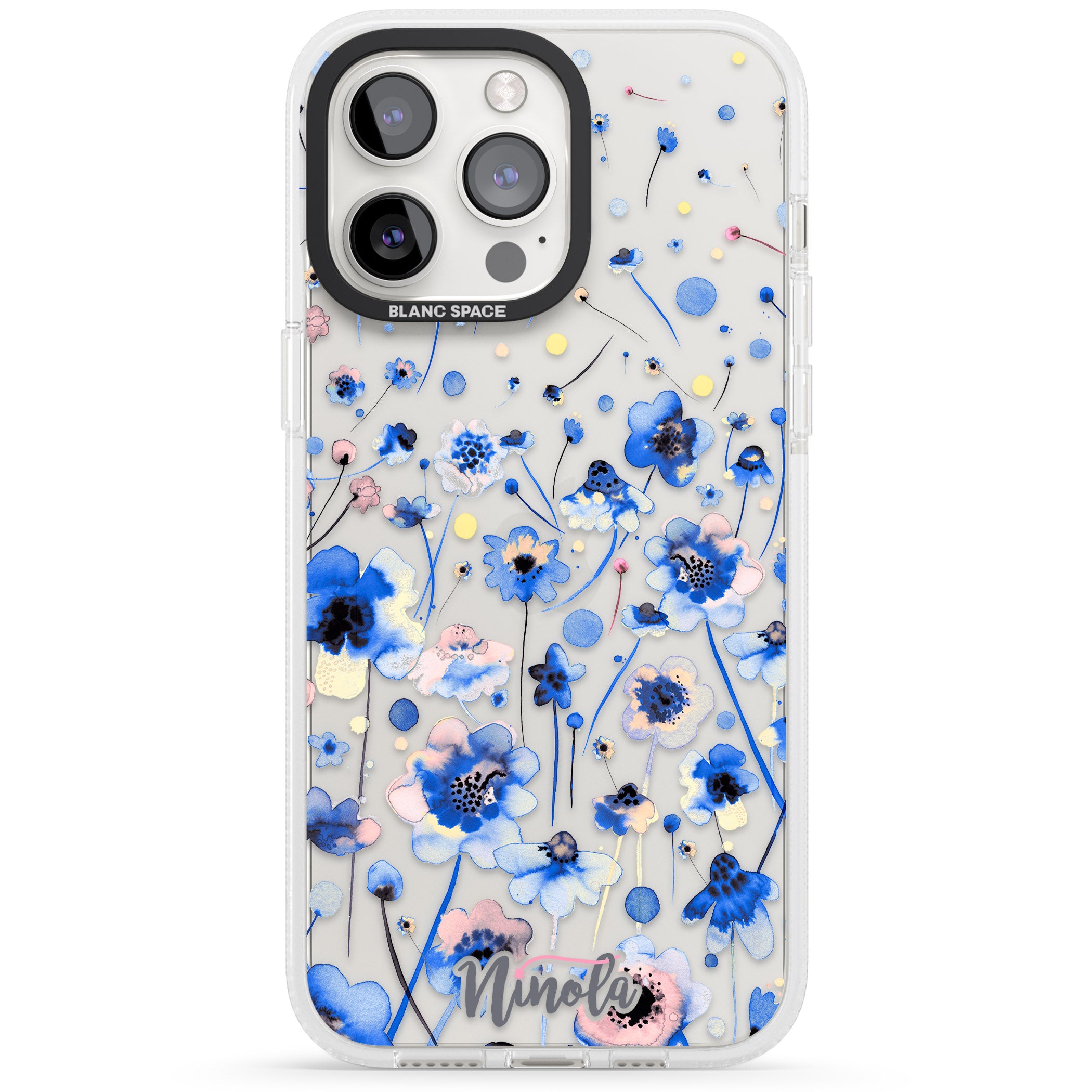 Ink Flowers Blue iPhone 15 Pro Max / 15 Pro / 14 Pro Max / 14 Pro / 13 Pro Clear Case Impact Air - Blanc Space
