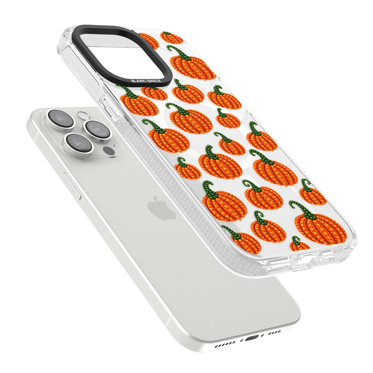 Beaded Pumpkins halloween iPhone case featuring beaded orange pumpkins with green stems on a clear background | Clear Case Impact Air case for iPhone 15 Pro, iPhone 15 Pro Max
