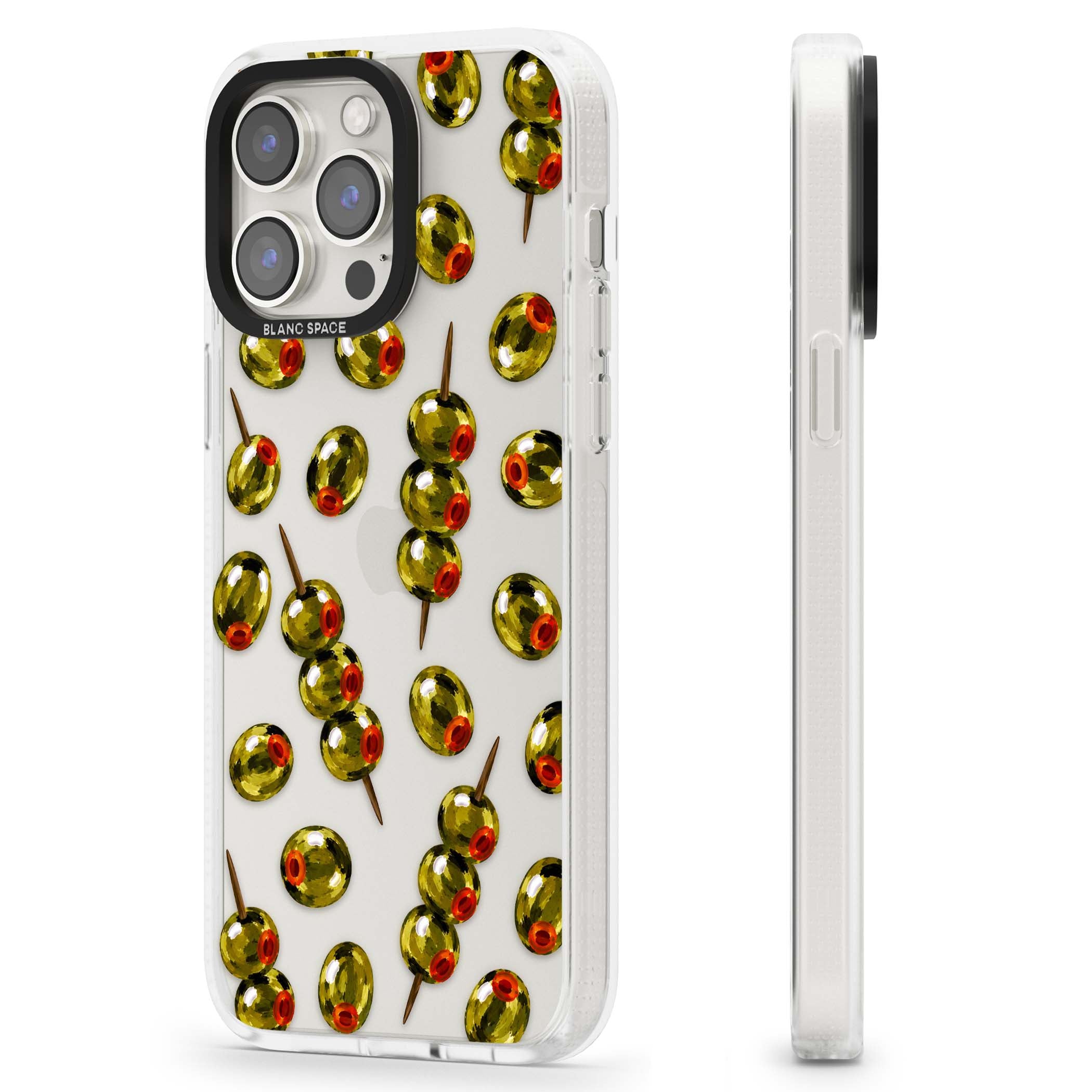 Painted Olives cocktail iPhone case featuring green olives, pimento centres and toothpick skewers on a clear background | Clear Case Impact Air case for iPhone 15 Pro, iPhone 15 Pro Max