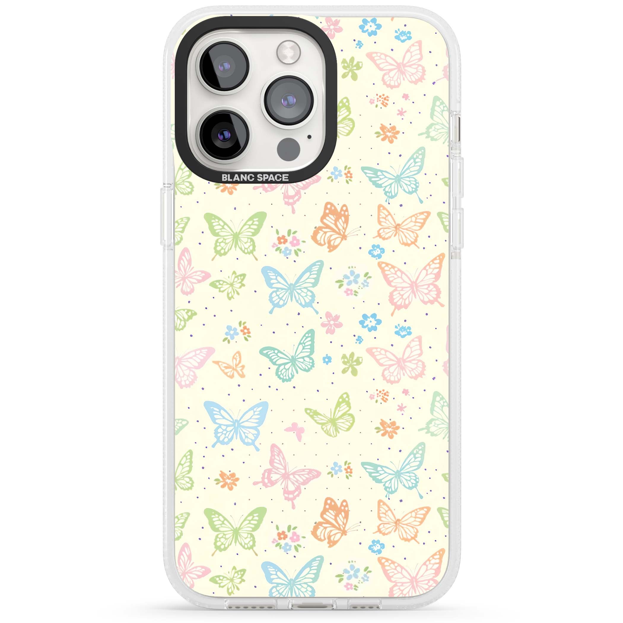 Sugar Wings cottagecore iPhone case featuring rainbow pastel butterflies, tiny wildflowers, and a cream background | Clear Case Impact Air case for iPhone 15 Pro, iPhone 15 Pro Max