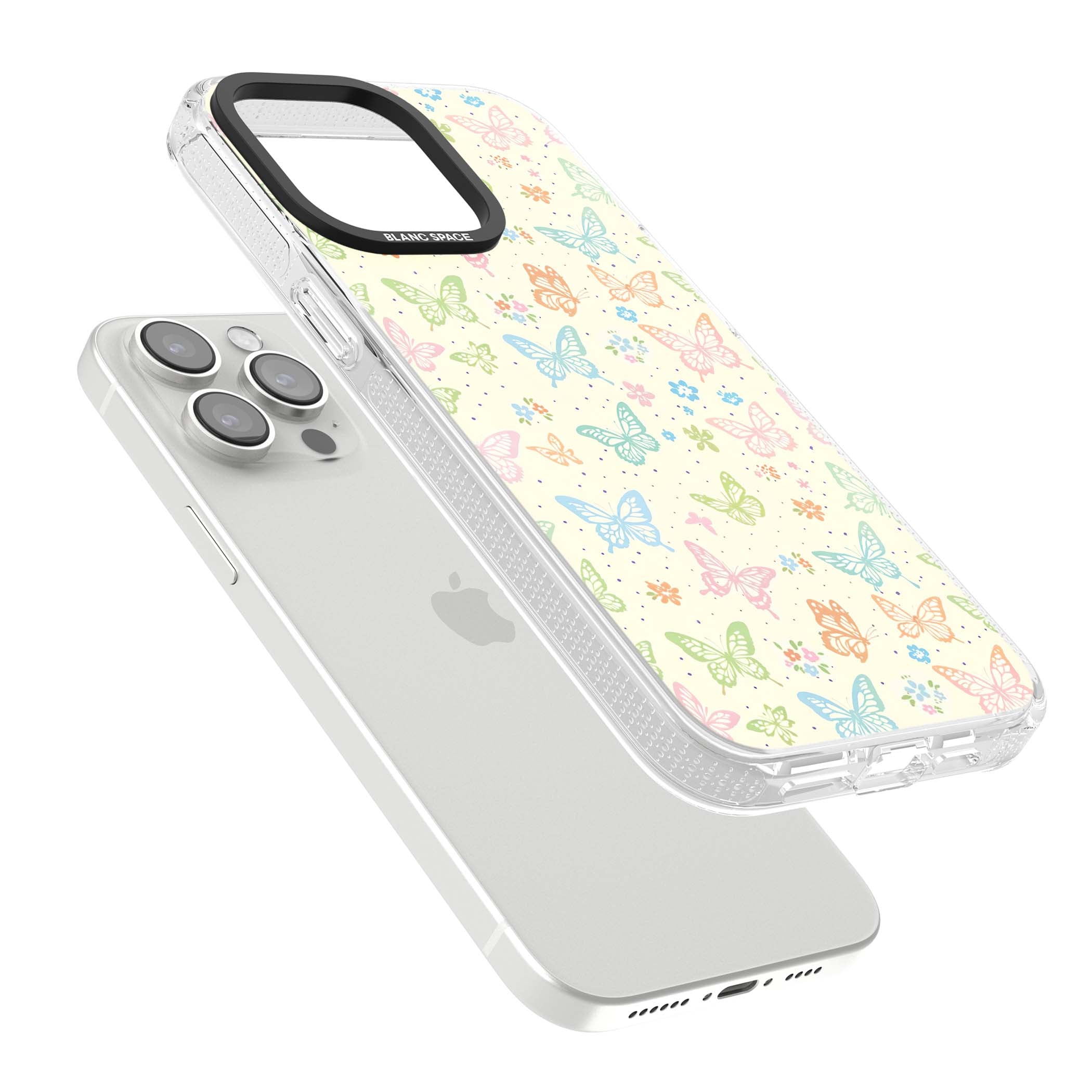 Sugar Wings cottagecore iPhone case featuring rainbow pastel butterflies, tiny wildflowers, and a cream background | Clear Case Impact Air case for iPhone 15 Pro, iPhone 15 Pro Max