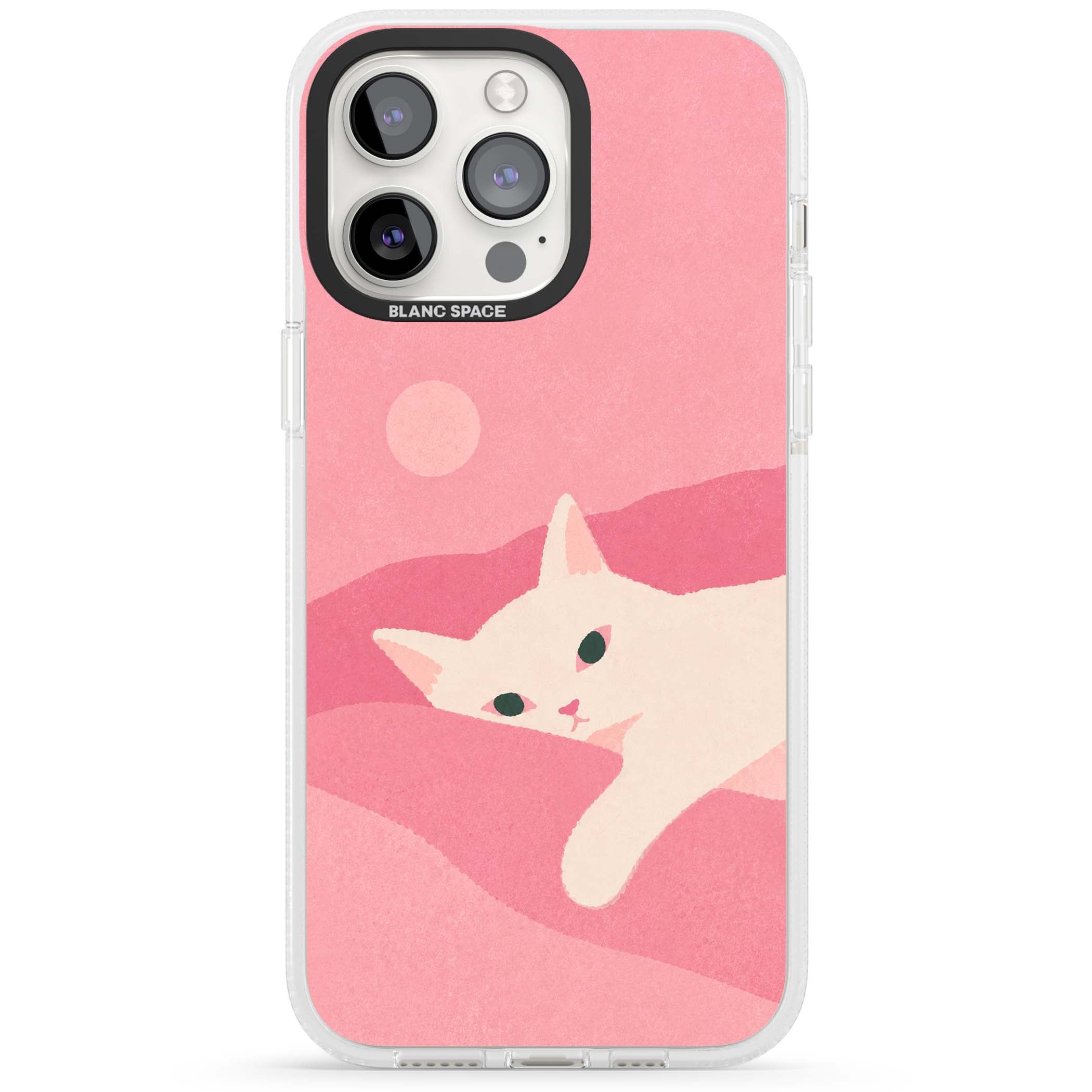 Pink Dreams cute cat iPhone case featuring a white kitten, soft pink hills and a pale pastel sun | Clear Case Impact Air case for iPhone 15 Pro, iPhone 15 Pro Max