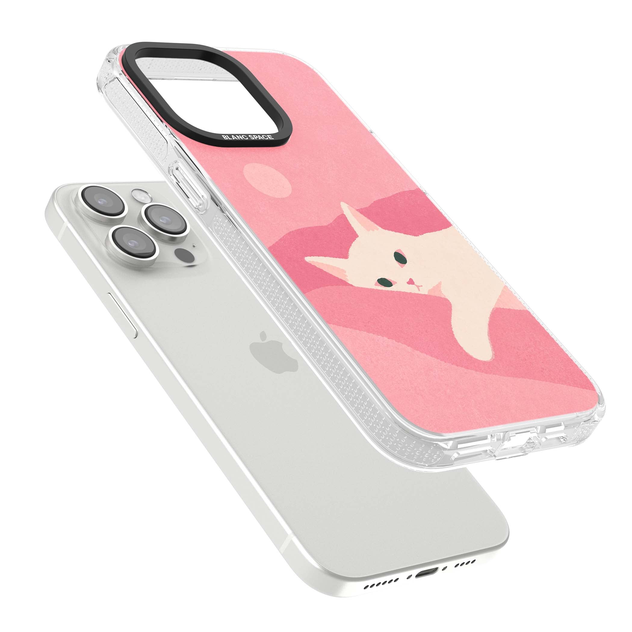 Pink Dreams cute cat iPhone case featuring a white kitten, soft pink hills and a pale pastel sun | Clear Case Impact Air case for iPhone 15 Pro, iPhone 15 Pro Max