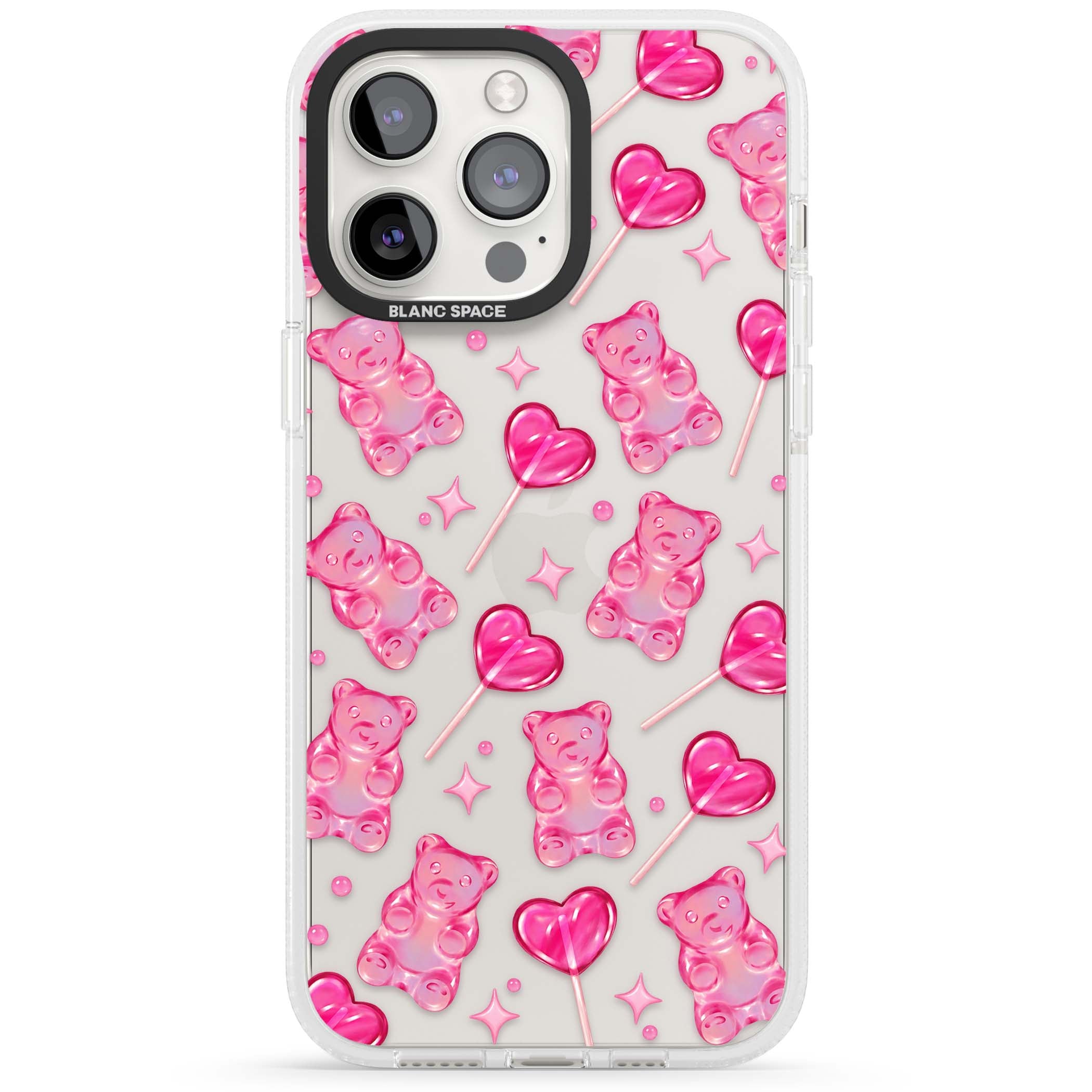 Pink Sugar pinkcore iPhone case featuring pink gummy bears, heart-shaped lollipops and sparkle stars | Clear Case Impact Air case for iPhone 15 Pro, iPhone 15 Pro Max