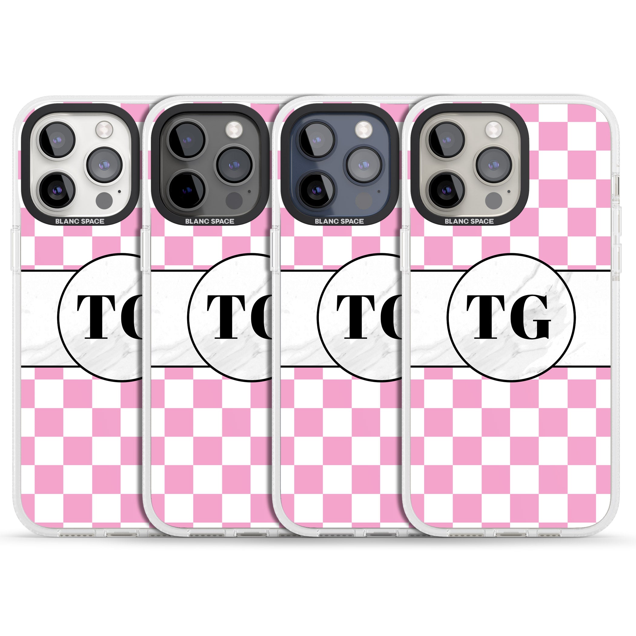 Personalised Monogrammed Pink Check iPhone 15 Pro Max / 15 Pro / 14 Pro Max / 14 Pro / 13 Pro Clear Case Impact Air - Blanc Space