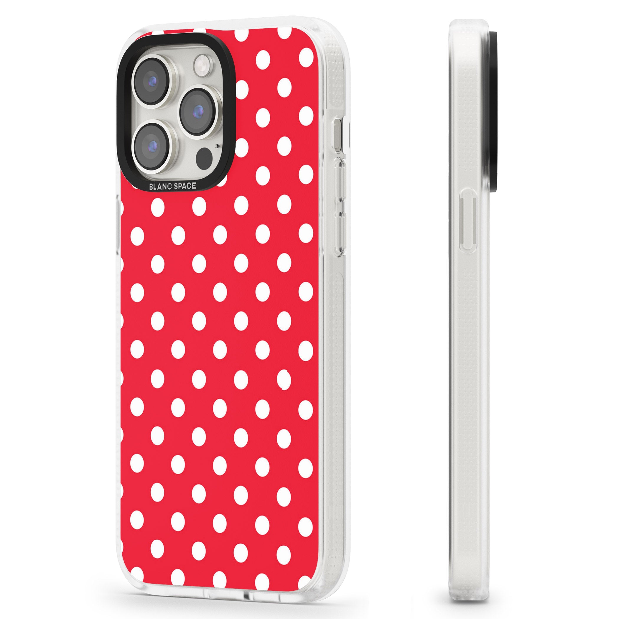 Designer Lava Red Polka Dot iPhone 15 Pro Max / 15 Pro / 14 Pro Max / 14 Pro / 13 Pro Clear Case Impact Air - Blanc Space