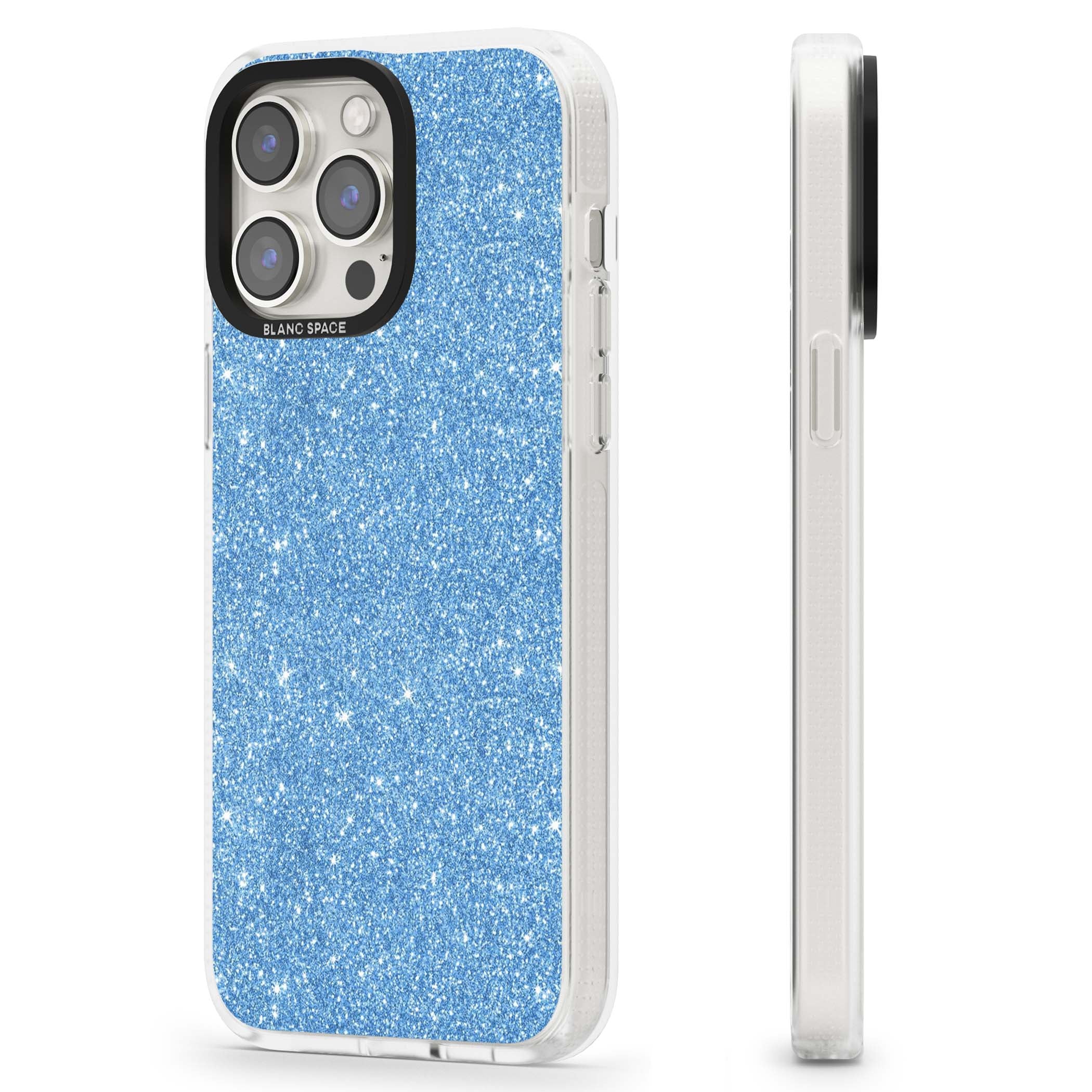 Blue Glitter blue glitter iPhone case featuring dense sparkling cerulean glitter with a glamorous shimmering finish | Clear Case Impact Air case for iPhone 15 Pro, iPhone 15 Pro Max