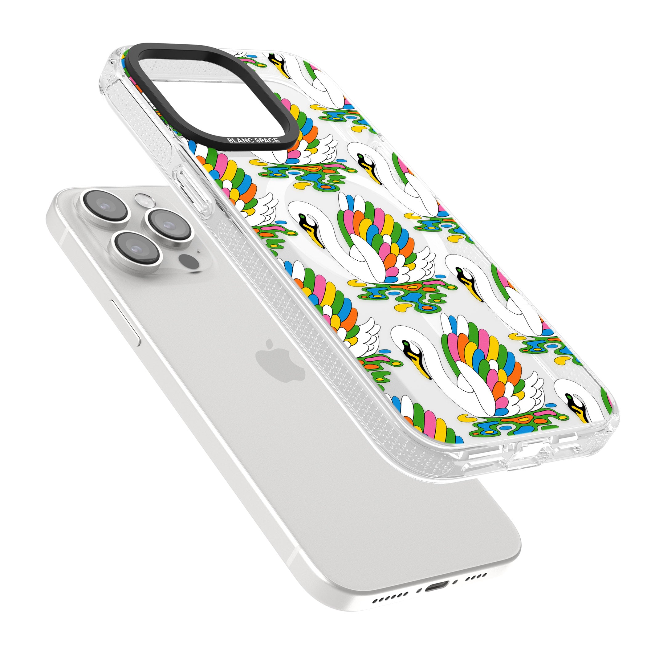 Colourful Swan Pattern iPhone 15 Pro Max / 15 Pro / 14 Pro Max / 14 Pro / 13 Pro Clear Case Impact Air - Blanc Space