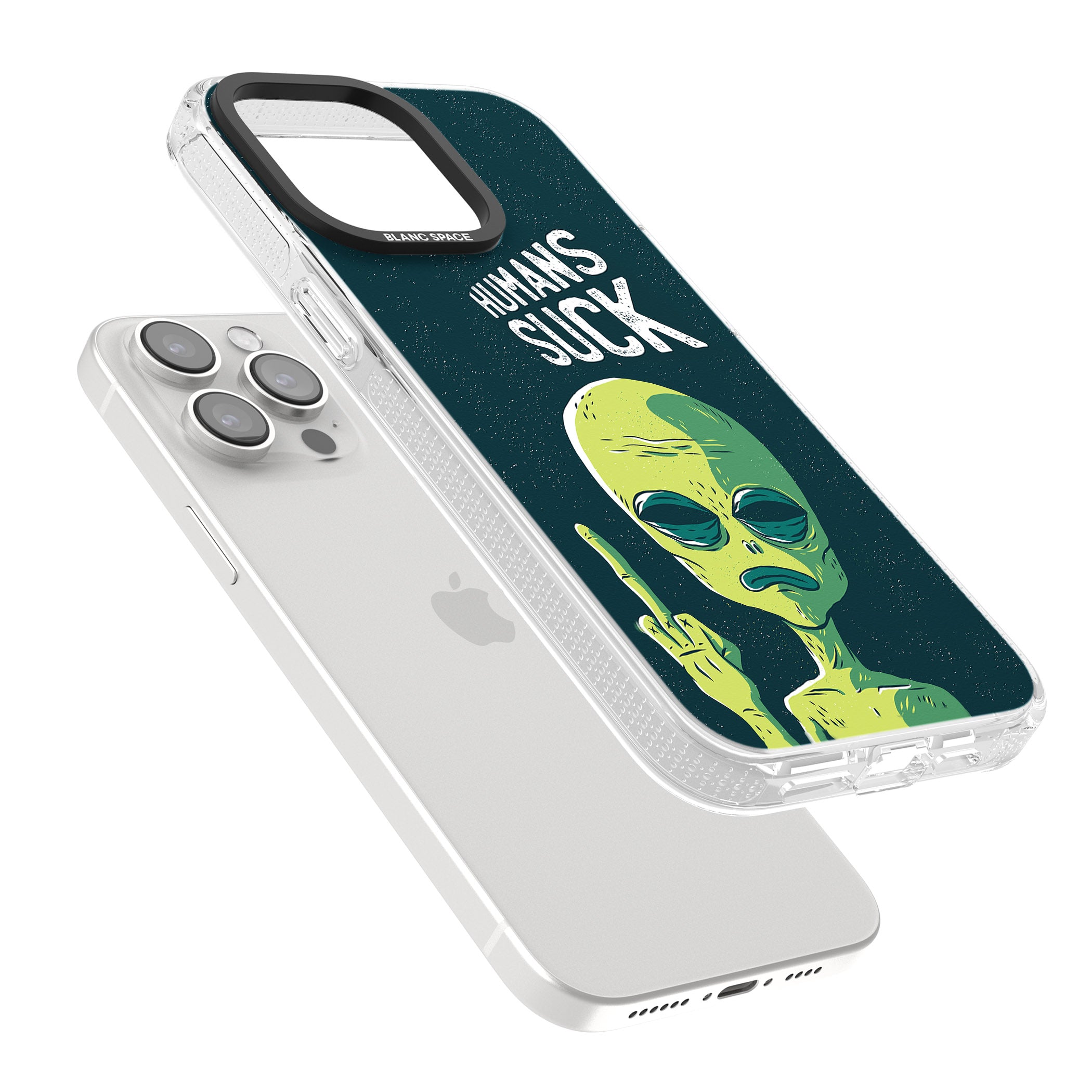 Humans Suck Alien iPhone 15 Pro Max / 15 Pro / 14 Pro Max / 14 Pro / 13 Pro Clear Case Impact Air - Blanc Space