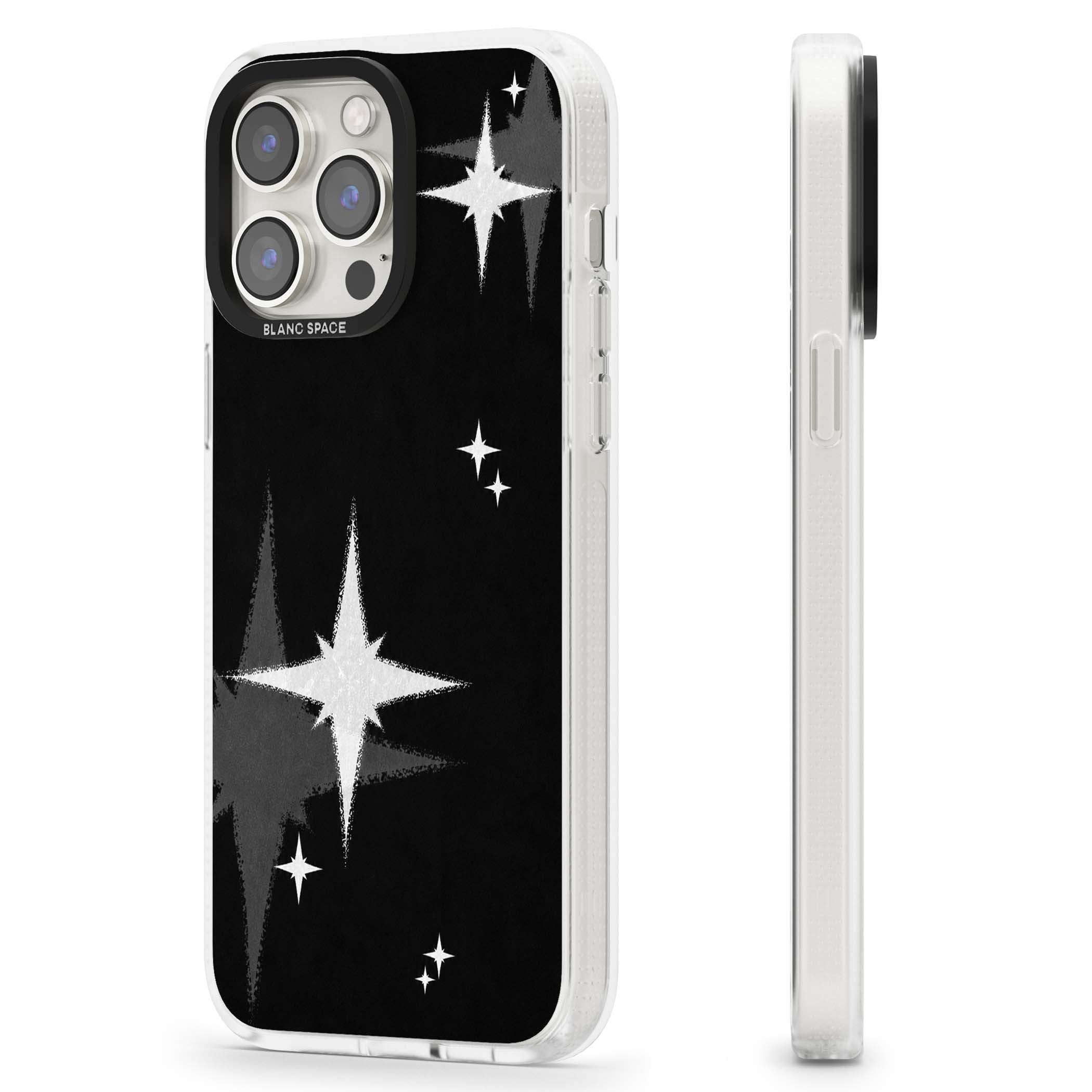 Black Sparkle celestial iPhone case featuring white sparkle stars on a black night sky background | Clear Case Impact Air case for iPhone 15 Pro, iPhone 15 Pro Max