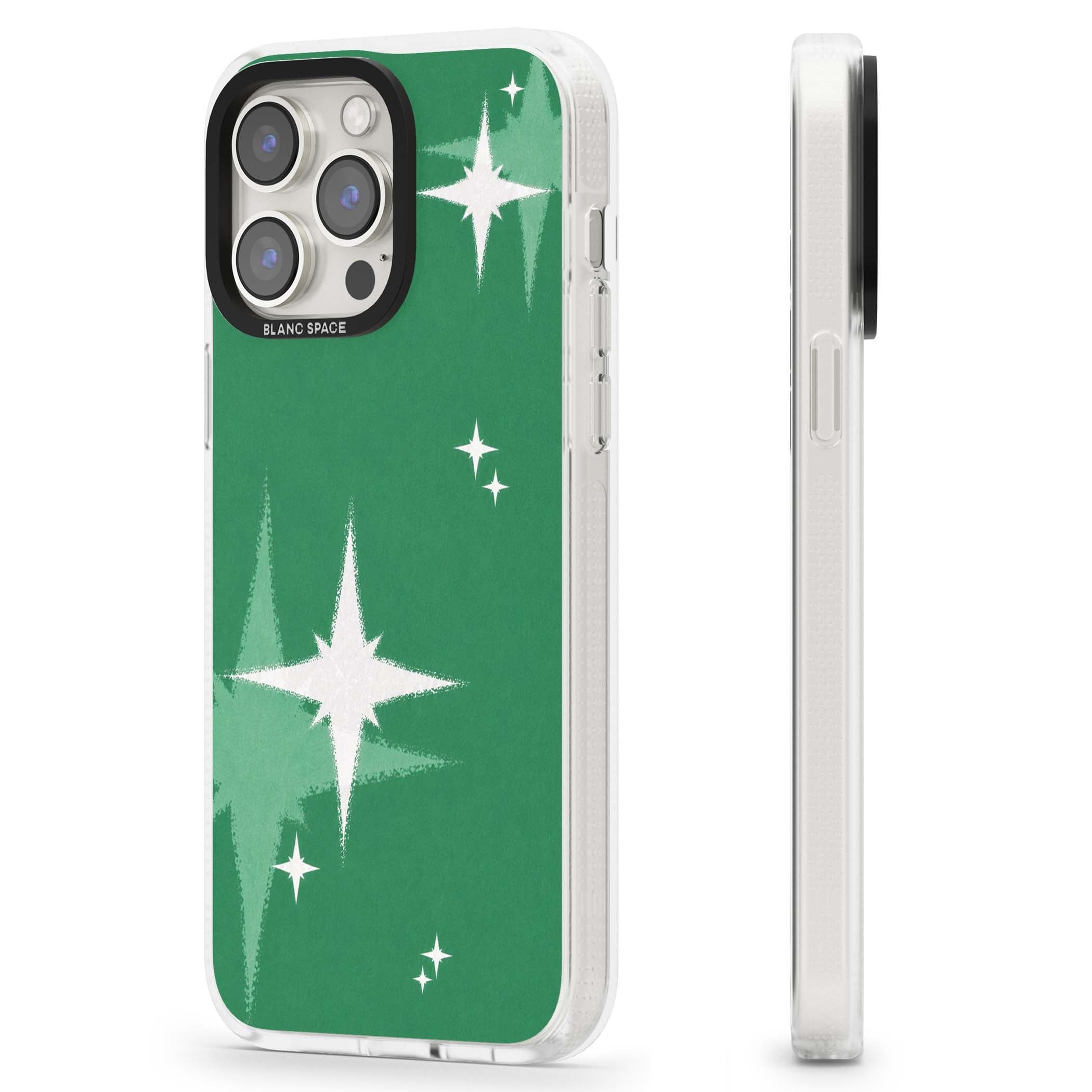 Green Sparkle celestial iPhone case featuring sparkling white four-point stars on a deep green background | Clear Case Impact Air case for iPhone 15 Pro, iPhone 15 Pro Max