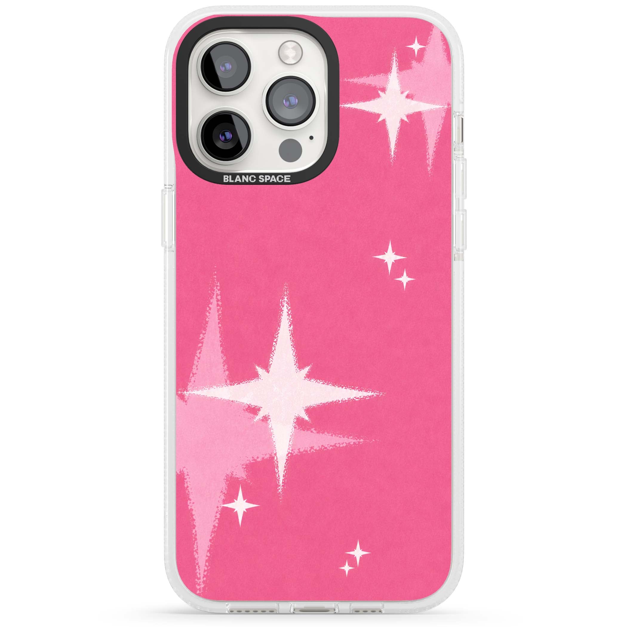 Pink Sparkle Y2K iPhone case featuring hot pink background with shimmering white starburst pattern | Clear Case Impact Air case for iPhone 15 Pro, iPhone 15 Pro Max