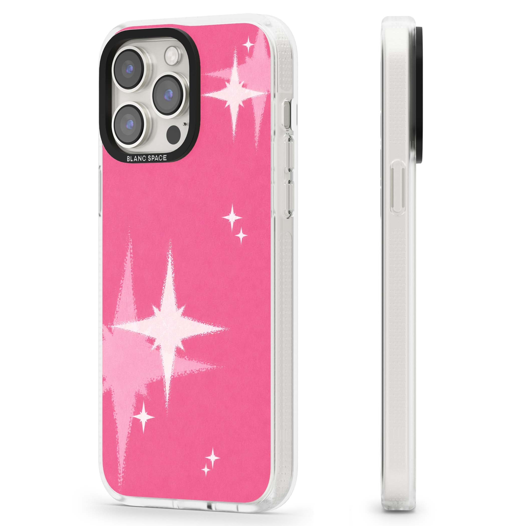 Pink Sparkle Y2K iPhone case featuring hot pink background with shimmering white starburst pattern | Clear Case Impact Air case for iPhone 15 Pro, iPhone 15 Pro Max