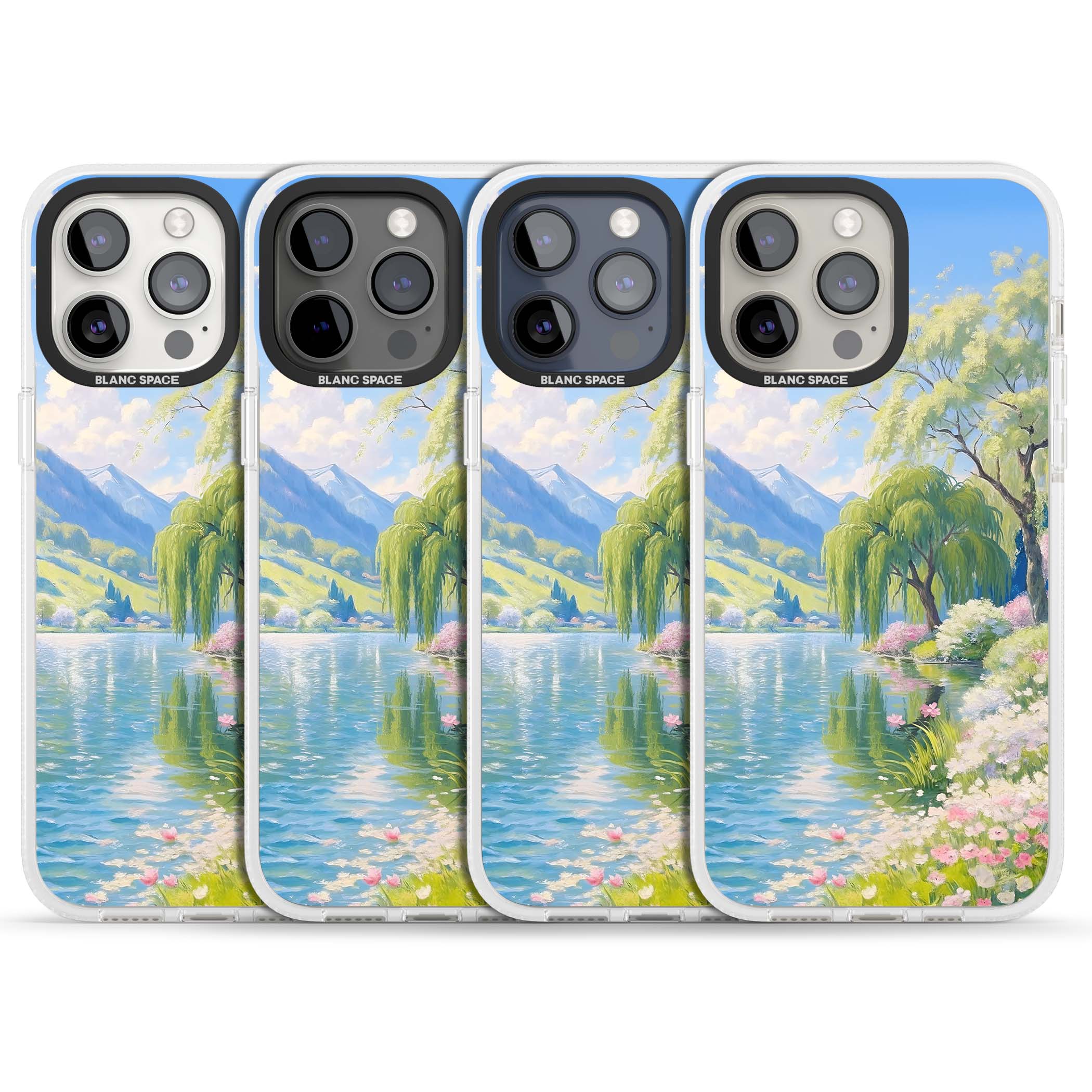 Willow Lake cottagecore iPhone case featuring a painted lakeside with weeping willow, blossoms and distant mountains | Clear Case Impact Air case for iPhone 15 Pro, iPhone 15 Pro Max
