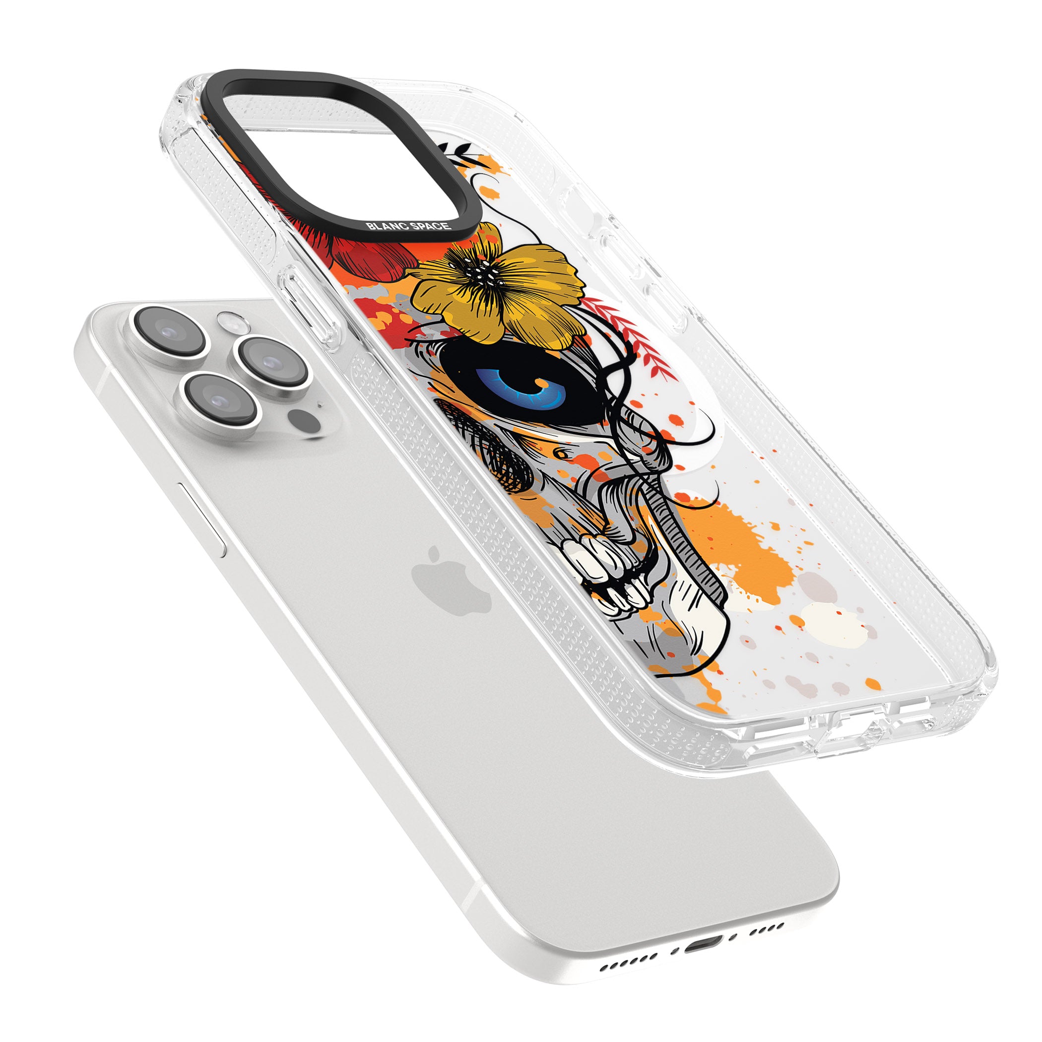 Sugar Skull Flowers iPhone 15 Pro Max / 15 Pro / 14 Pro Max / 14 Pro / 13 Pro Clear Case Impact Air - Blanc Space