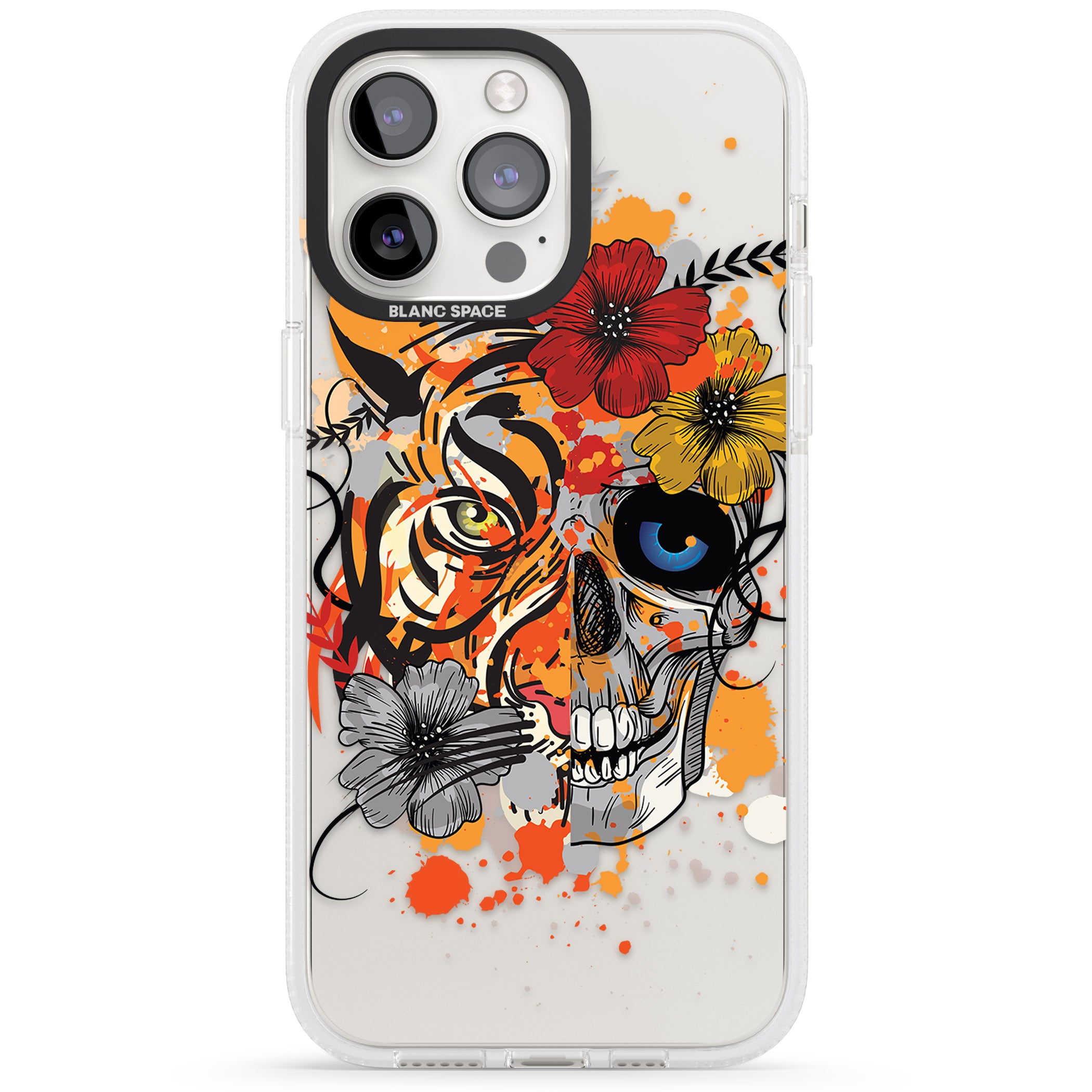 Sugar Skull Tiger Floral iPhone 15 Pro Max / 15 Pro / 14 Pro Max / 14 Pro / 13 Pro Clear Case Impact Air - Blanc Space