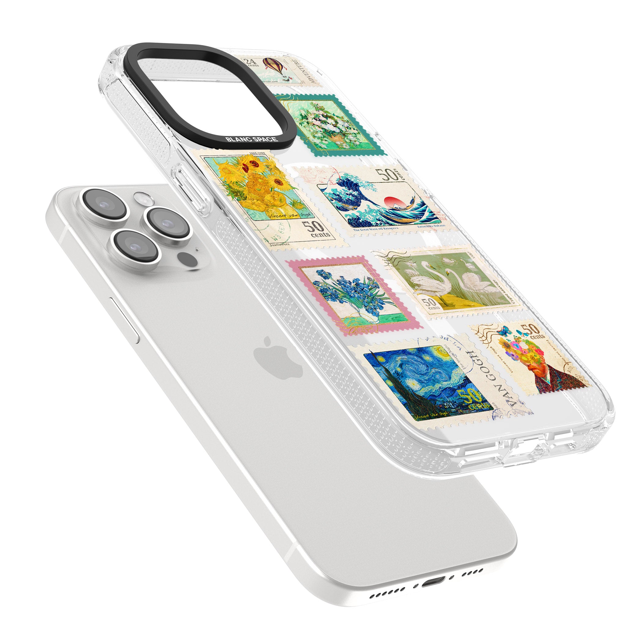 Vintage Art Stamps iPhone 15 Pro Max / 15 Pro / 14 Pro Max / 14 Pro / 13 Pro Clear Case Impact Air - Blanc Space