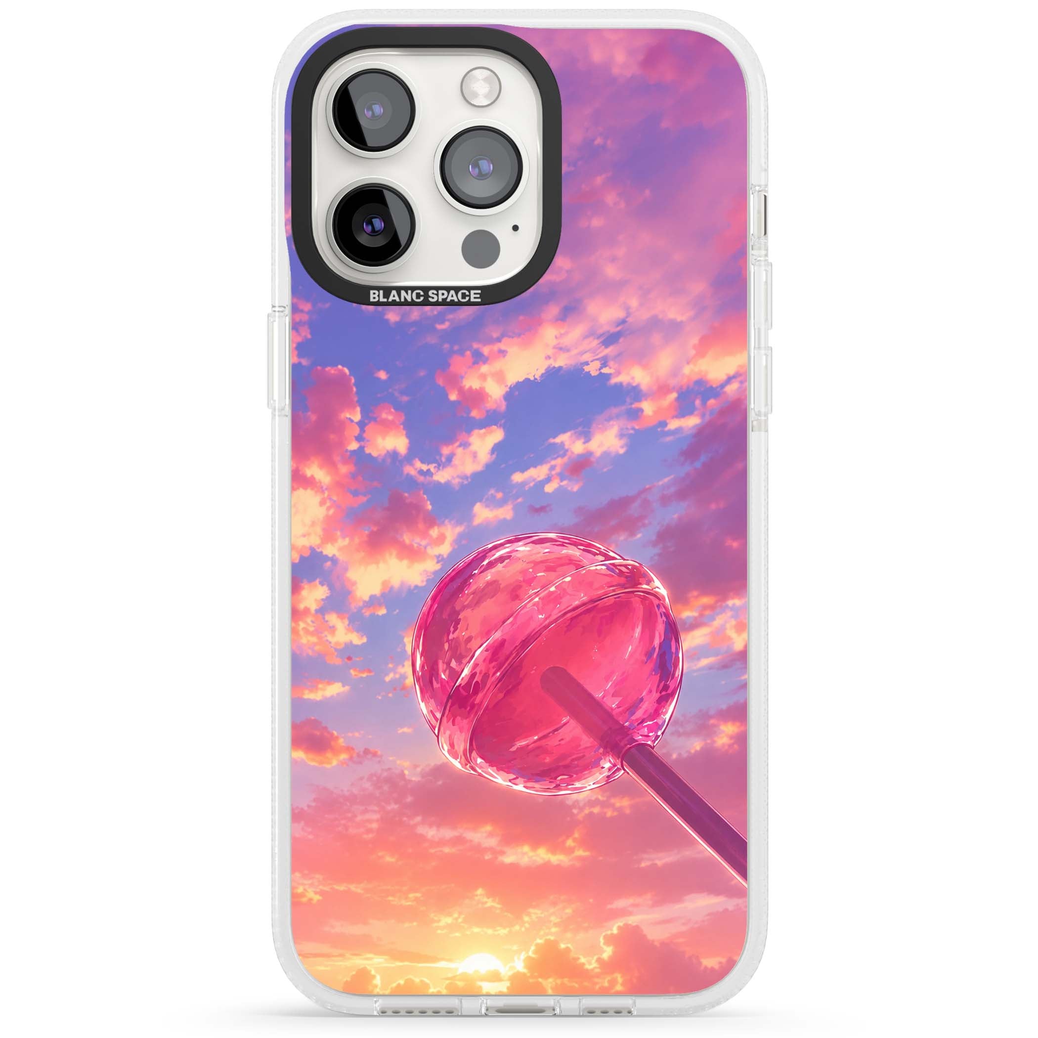 Sugar Sunset candy aesthetic iPhone case featuring a pink lollipop, pastel sunset sky and dreamy clouds | Clear Case Impact Air case for iPhone 15 Pro, iPhone 15 Pro Max