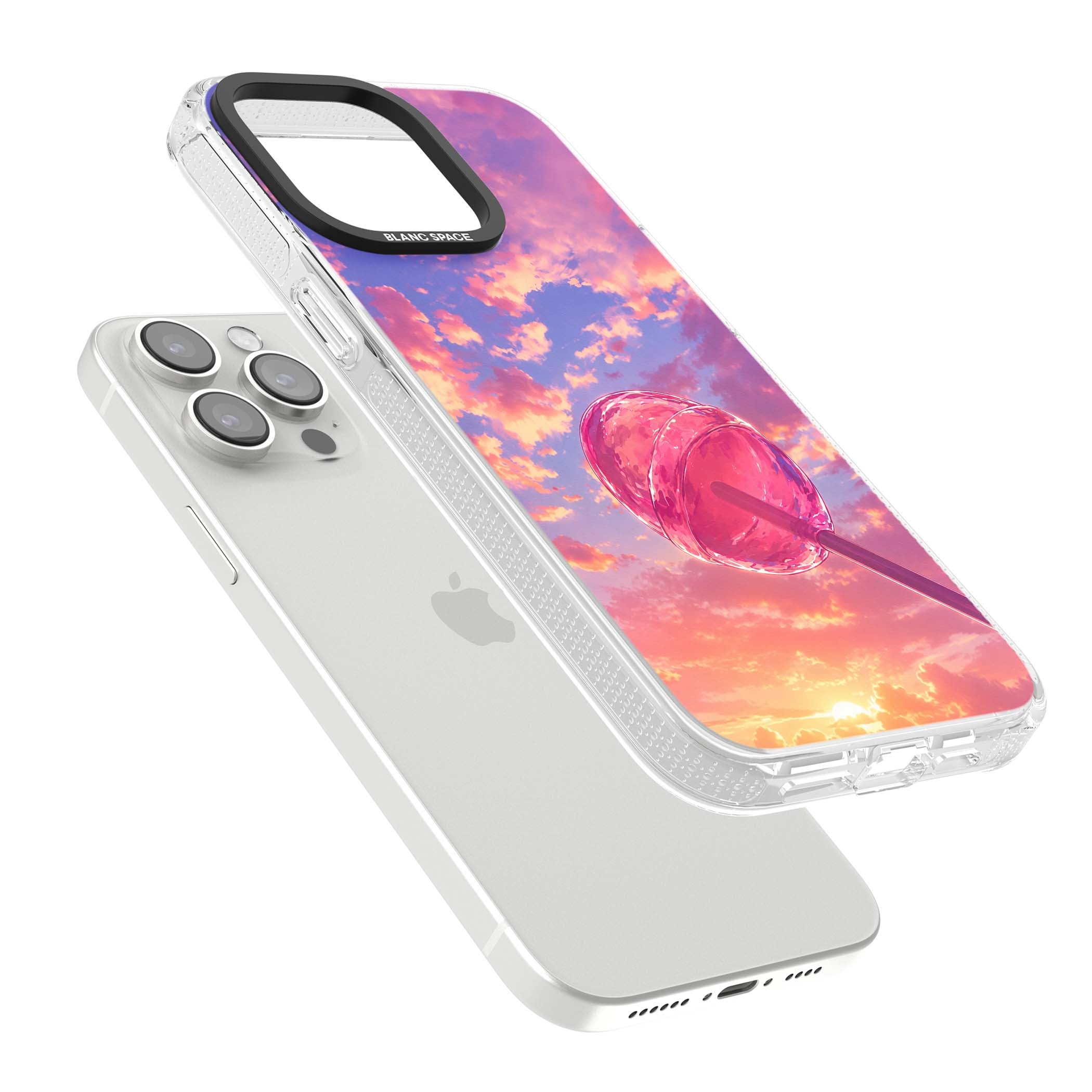 Sugar Sunset candy aesthetic iPhone case featuring a pink lollipop, pastel sunset sky and dreamy clouds | Clear Case Impact Air case for iPhone 15 Pro, iPhone 15 Pro Max