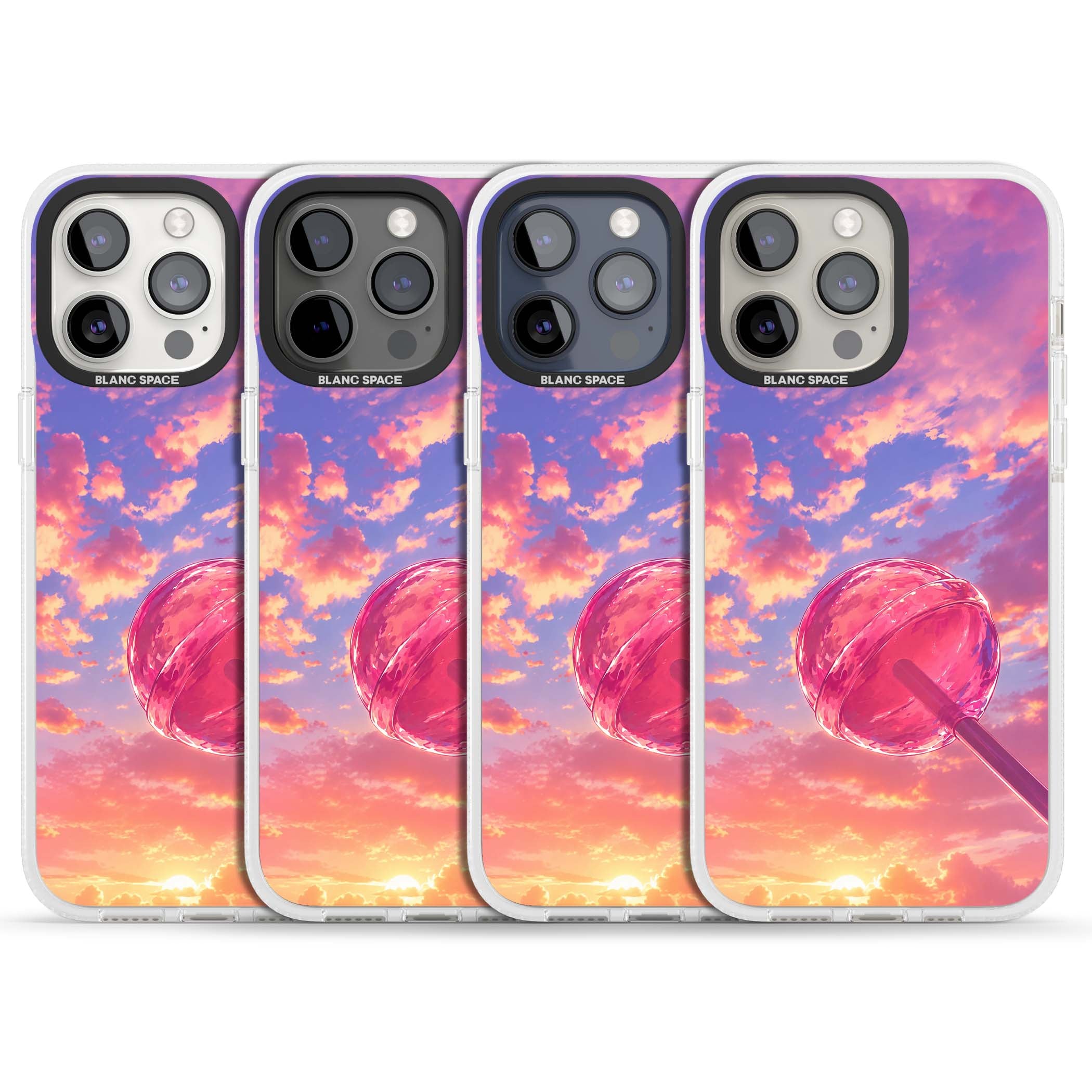Sugar Sunset candy aesthetic iPhone case featuring a pink lollipop, pastel sunset sky and dreamy clouds | Clear Case Impact Air case for iPhone 15 Pro, iPhone 15 Pro Max