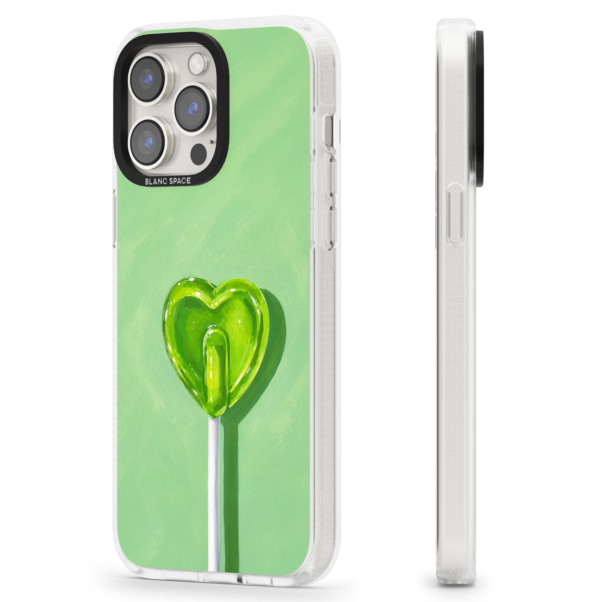 Green Lollipop candy art iPhone case featuring a glossy green heart-shaped lollipop on a painted pastel green background | Clear Case Impact Air case for iPhone 15 Pro, iPhone 15 Pro Max