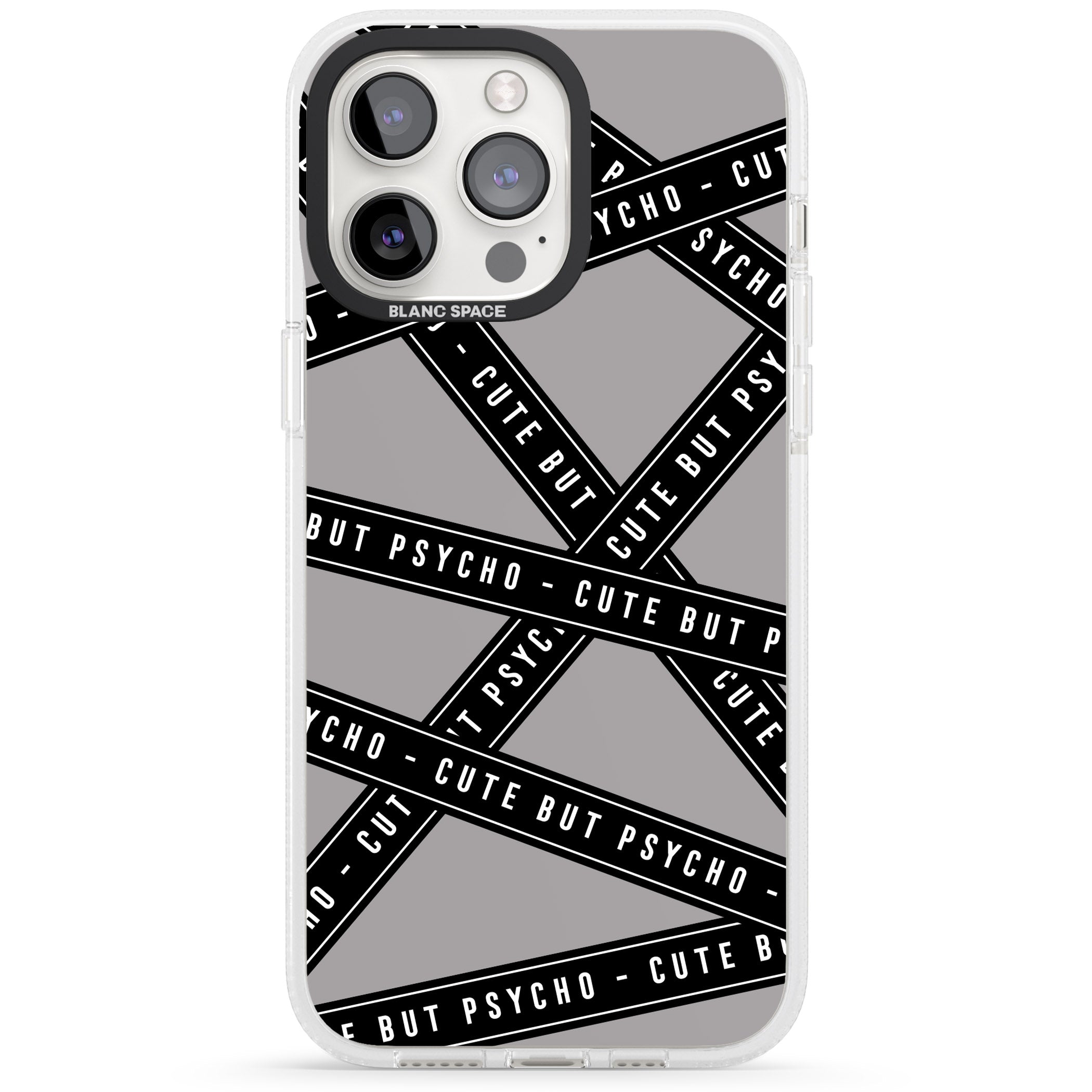 Caution Tape Phrases Cute But Psycho iPhone 15 Pro Max / 15 Pro / 14 Pro Max / 14 Pro / 13 Pro Clear Case Impact Air - Blanc Space