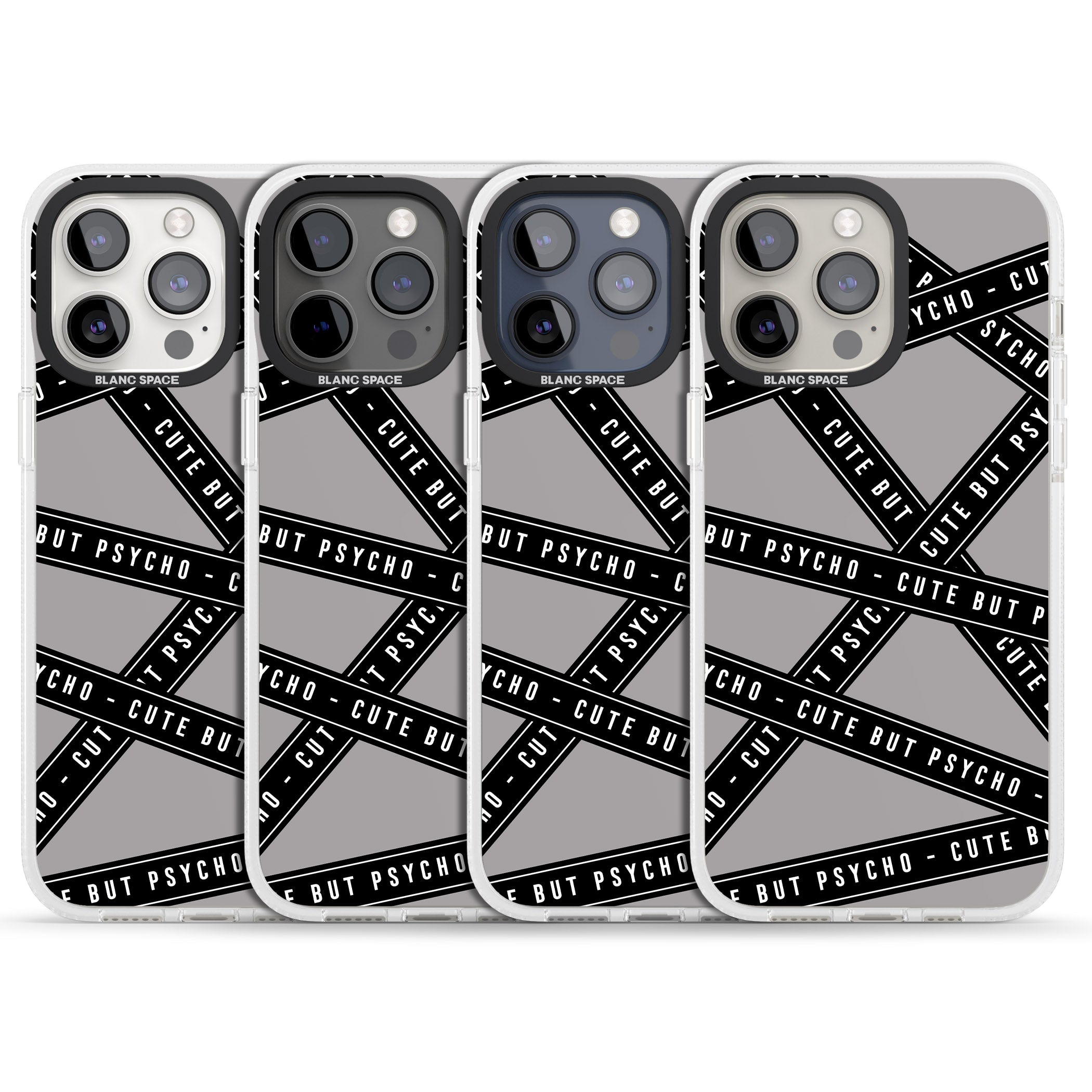 Caution Tape Phrases Cute But Psycho iPhone 15 Pro Max / 15 Pro / 14 Pro Max / 14 Pro / 13 Pro Clear Case Impact Air - Blanc Space