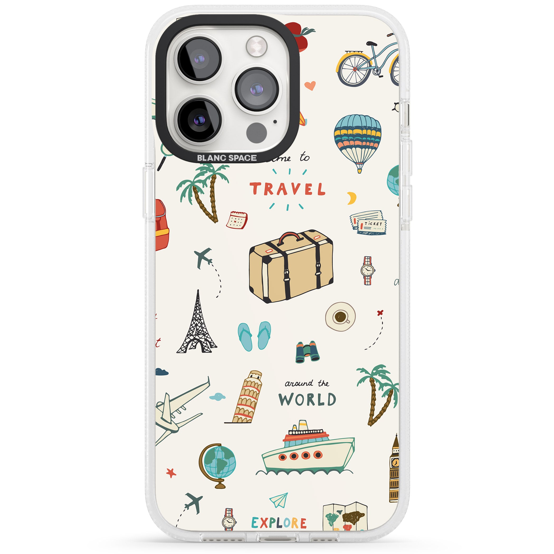 Cute Travel Pattern Cream iPhone 15 Pro Max / 15 Pro / 14 Pro Max / 14 Pro / 13 Pro Clear Case Impact Air - Blanc Space