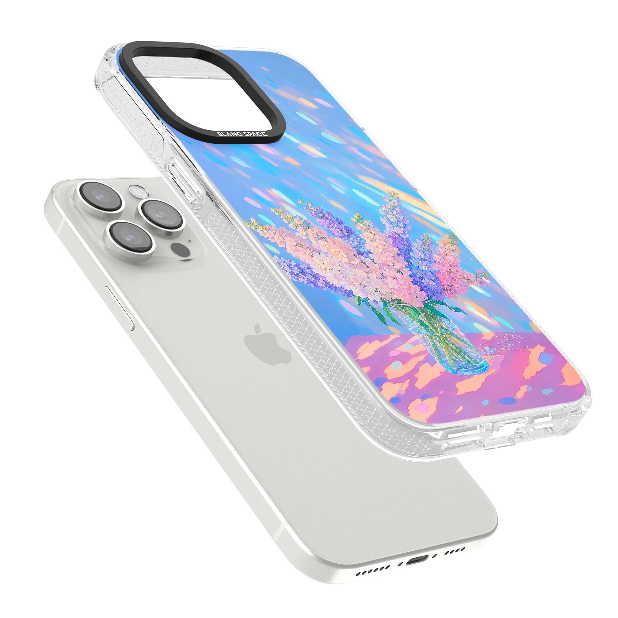 Bubblegum Flowers floral iPhone case featuring pastel lilac and pink bouquet in a glass vase with iridescent light | Clear Case Impact Air case for iPhone 15 Pro, iPhone 15 Pro Max