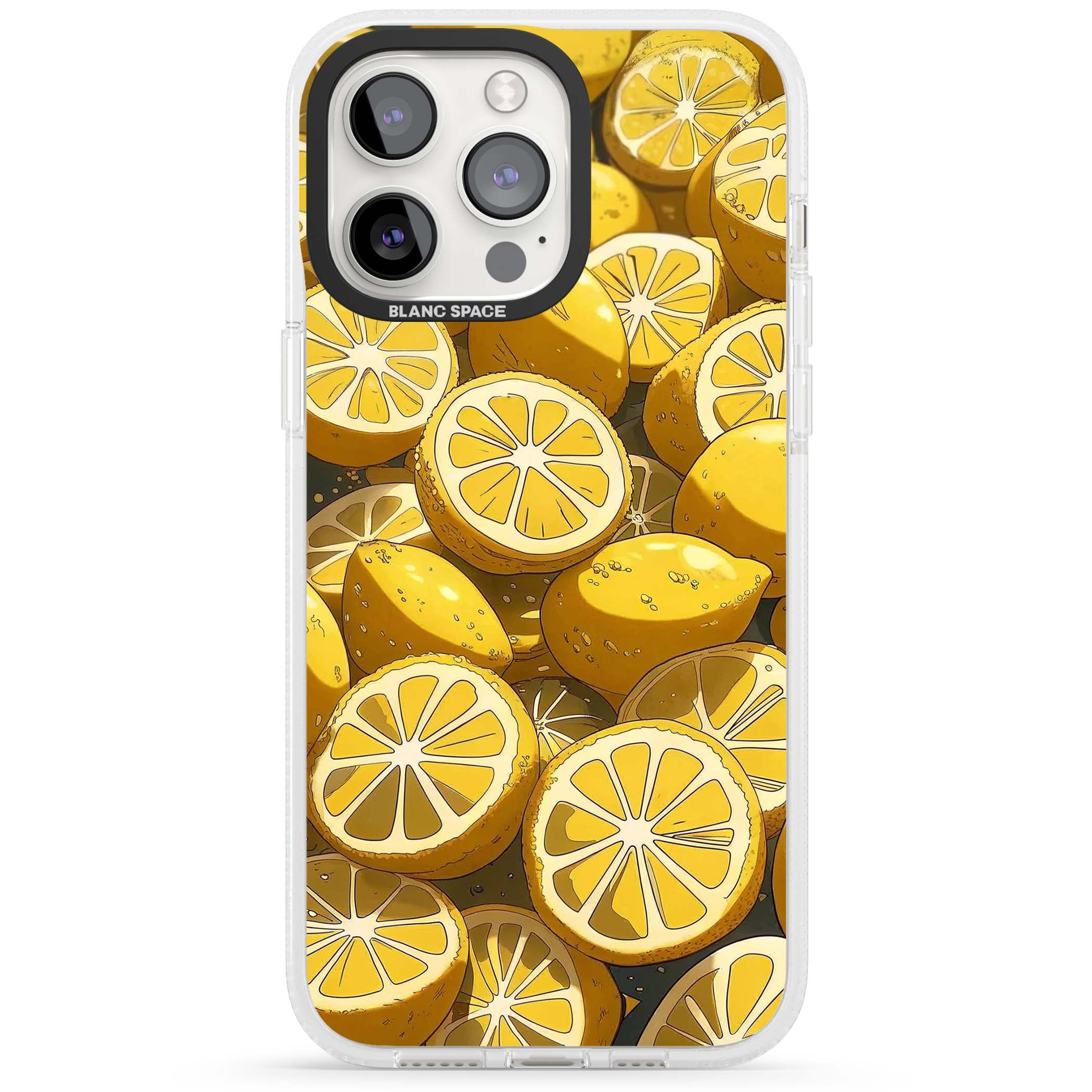 Zesty coastal iPhone case featuring illustrated Mediterranean lemons and citrus slices in golden yellow | Clear Case Impact Air case for iPhone 15 Pro, iPhone 15 Pro Max