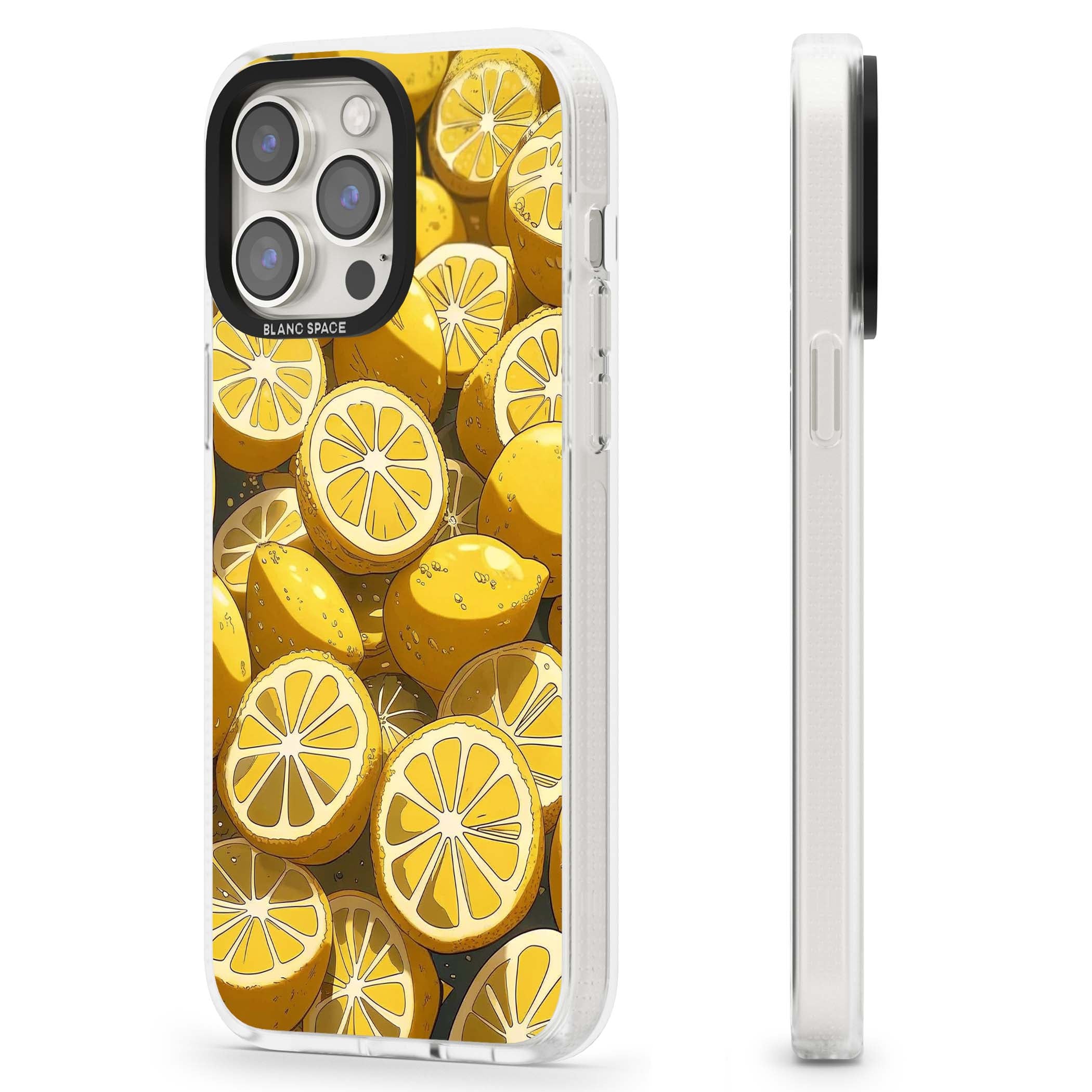 Zesty coastal iPhone case featuring illustrated Mediterranean lemons and citrus slices in golden yellow | Clear Case Impact Air case for iPhone 15 Pro, iPhone 15 Pro Max