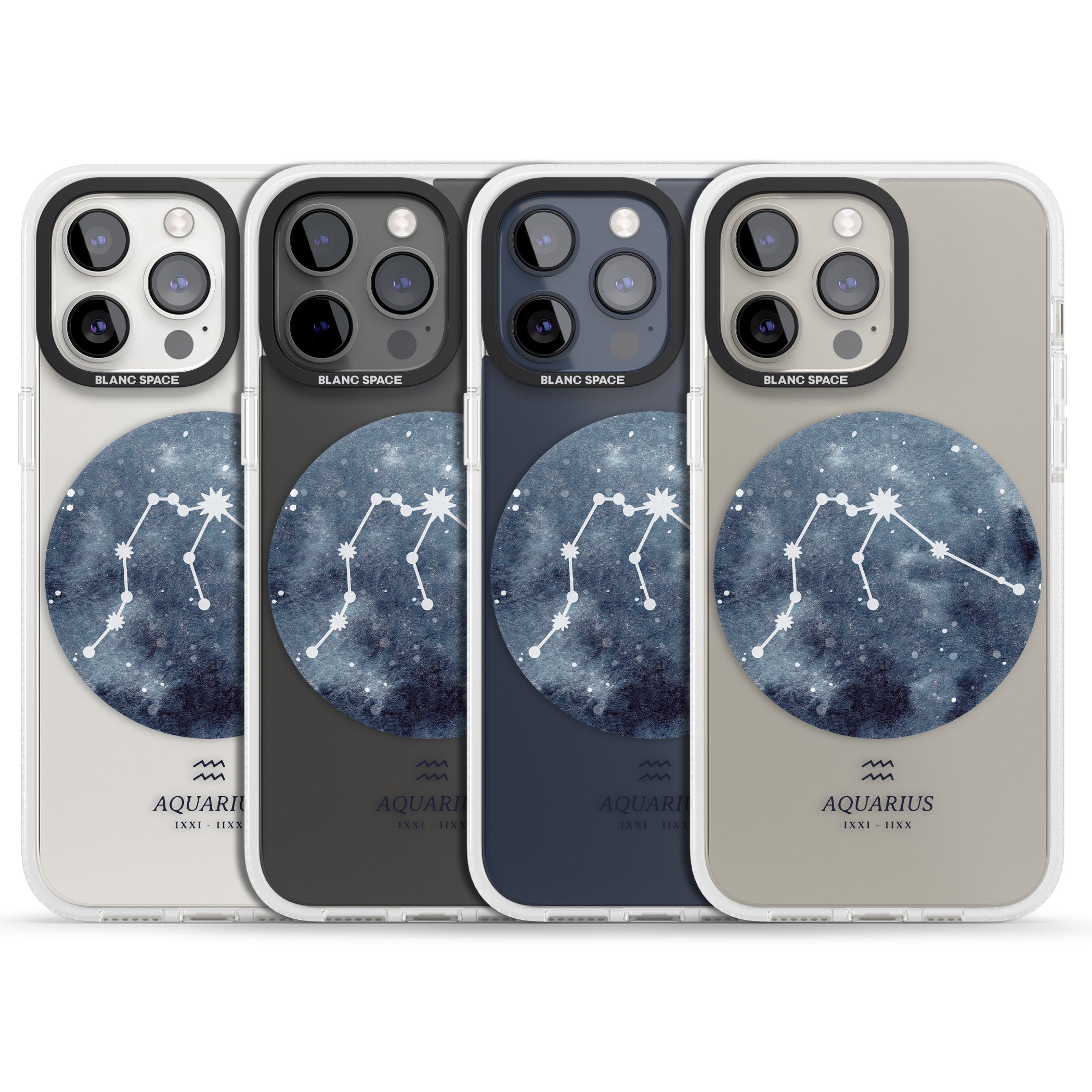 Aquarius Zodiac Transparent Design - Blue iPhone 15 Pro Max / 15 Pro / 14 Pro Max / 14 Pro / 13 Pro Clear Case Impact Air - Blanc Space