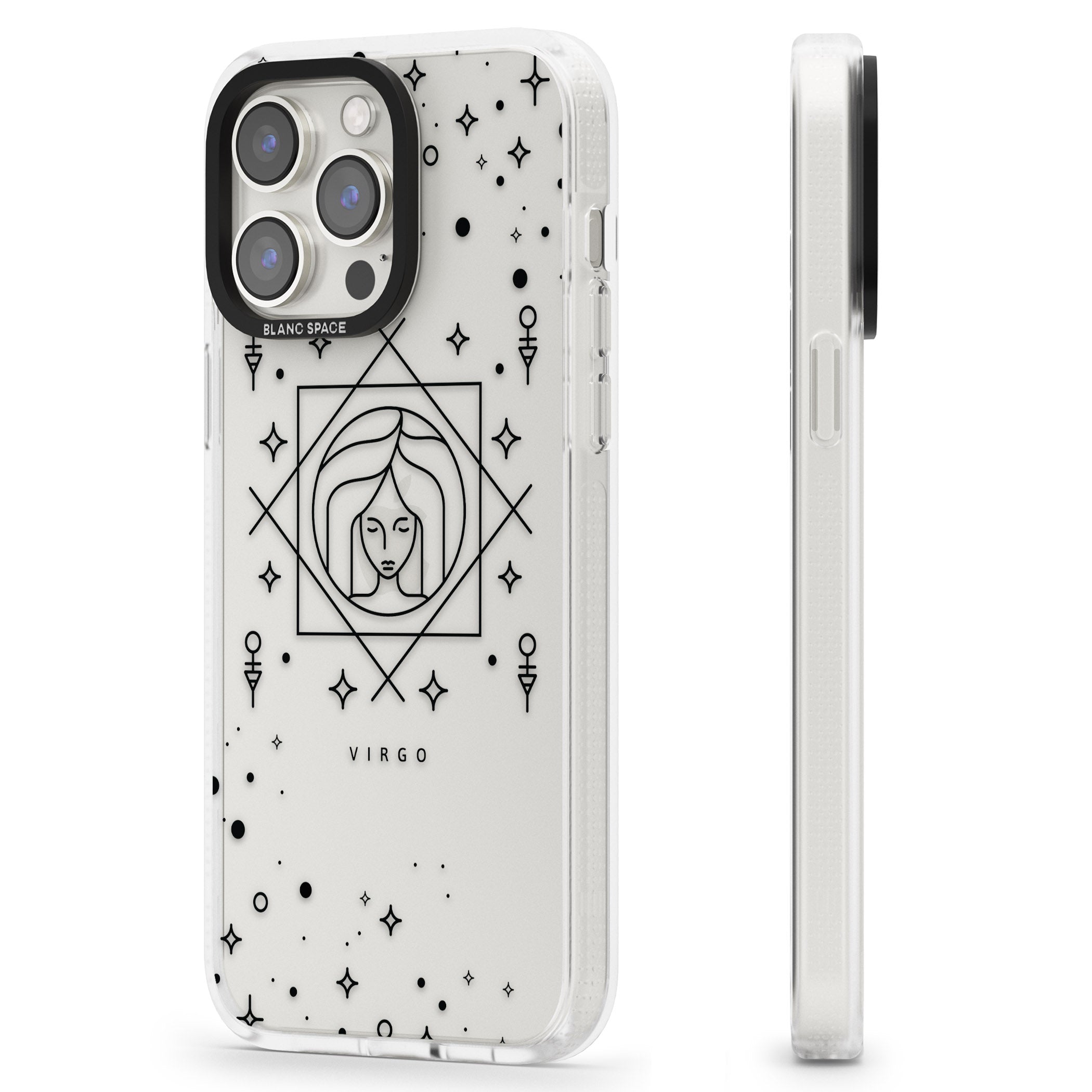 Virgo Emblem - Transparent Design iPhone 15 Pro Max / 15 Pro / 14 Pro Max / 14 Pro / 13 Pro Clear Case Impact Air - Blanc Space