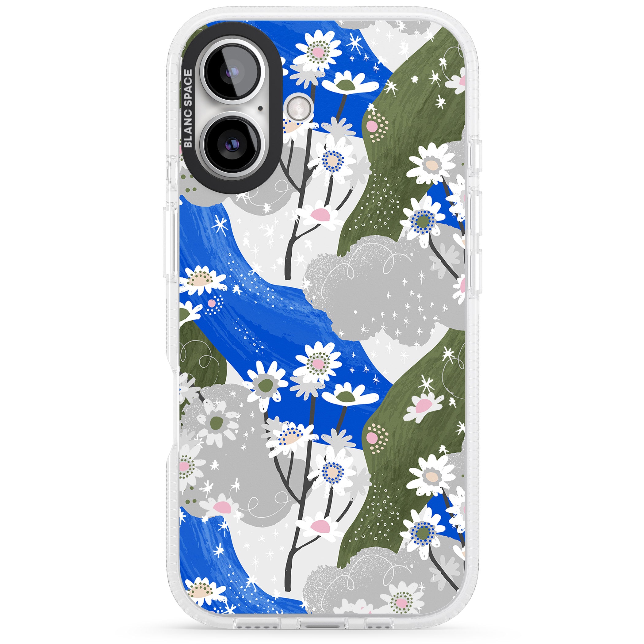 Blue & Grey Daisies Pattern iPhone 16 / 16 Plus Clear Case Impact Air - Blanc Space