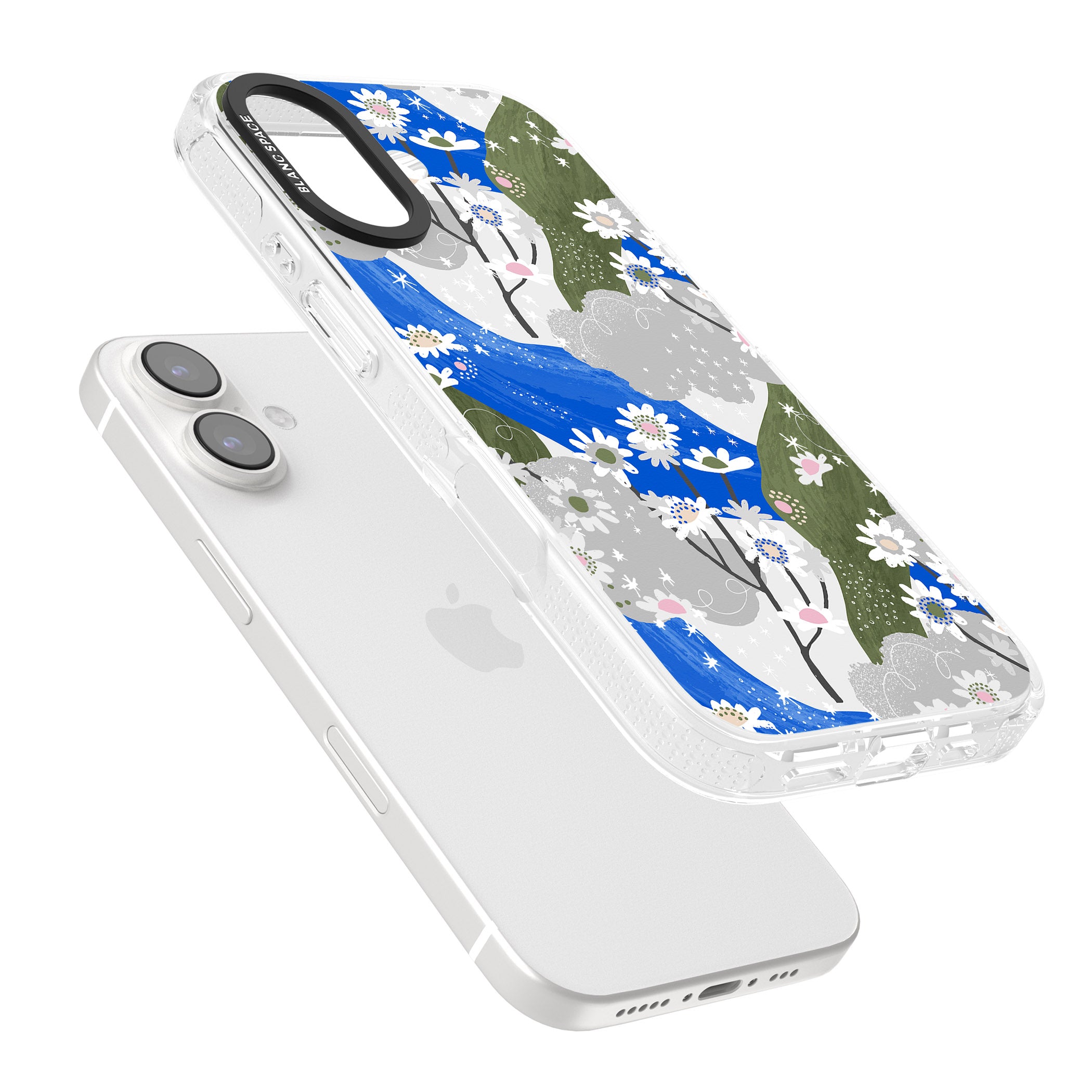 Blue & Grey Daisies Pattern iPhone 16 / 16 Plus Clear Case Impact Air - Blanc Space