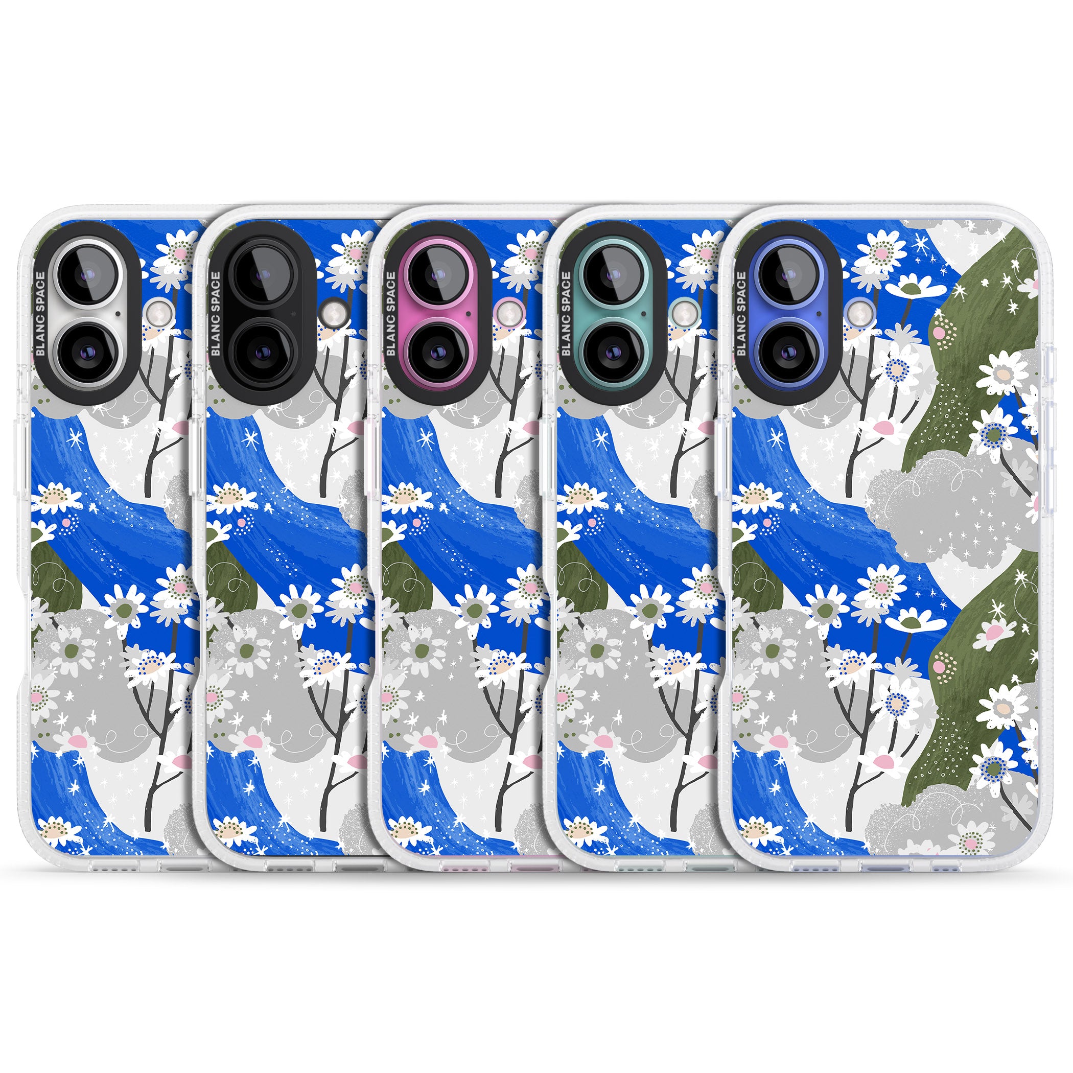 Blue & Grey Daisies Pattern iPhone 16 / 16 Plus Clear Case Impact Air - Blanc Space
