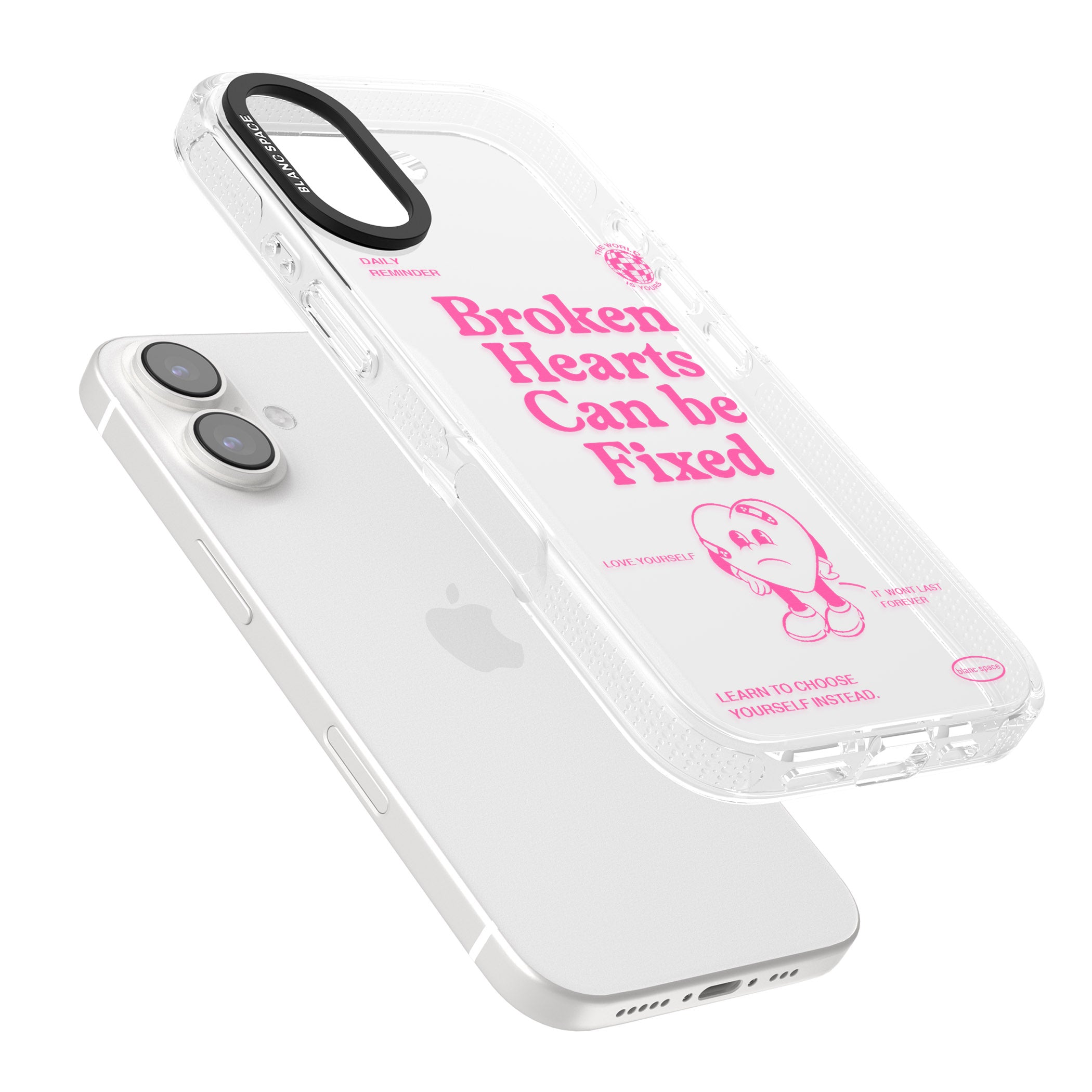 Broken Hearts Can Be Fixed iPhone 16 / 16 Plus Clear Case Impact Air - Blanc Space