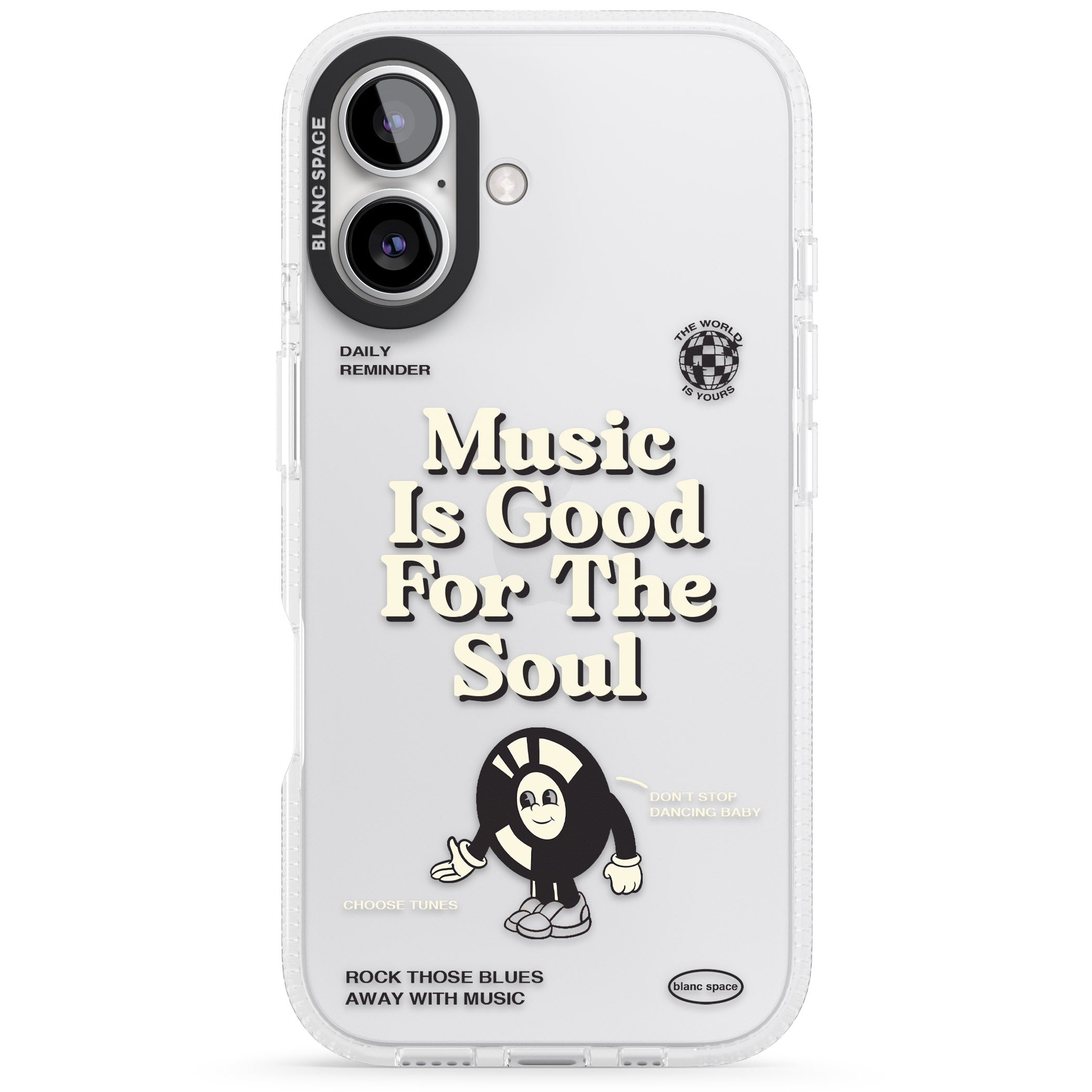 Music Is Good For The Soul iPhone 16 / 16 Plus Clear Case Impact Air - Blanc Space
