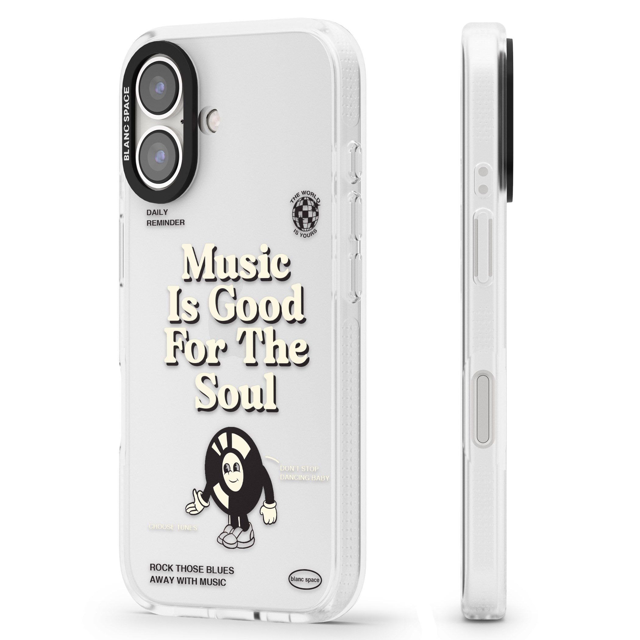 Music Is Good For The Soul iPhone 16 / 16 Plus Clear Case Impact Air - Blanc Space