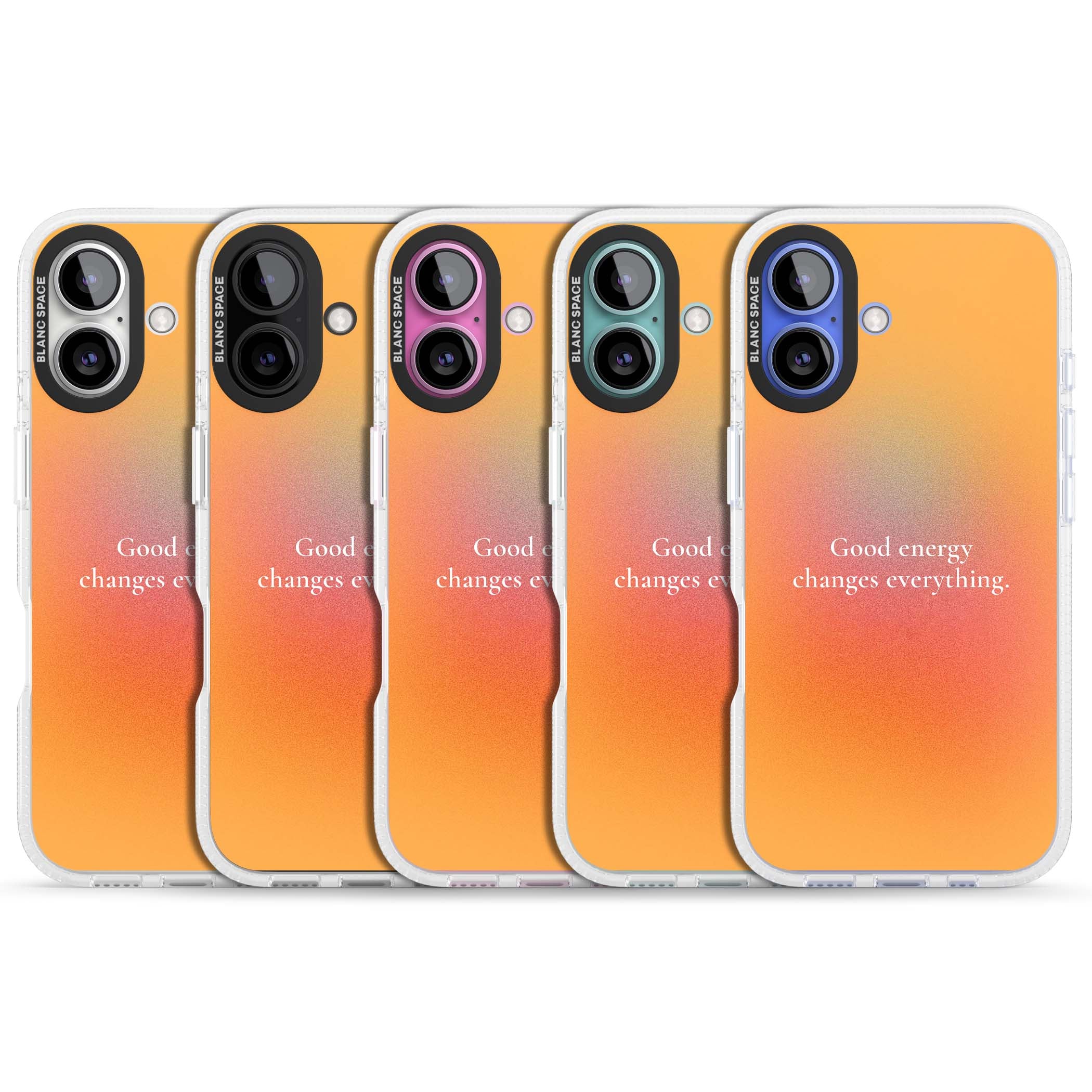 Good Energy quote iPhone case featuring an orange and pink aura gradient with white serif affirmation text | Clear Case Impact Air case for iPhone 16, iPhone 16 Plus