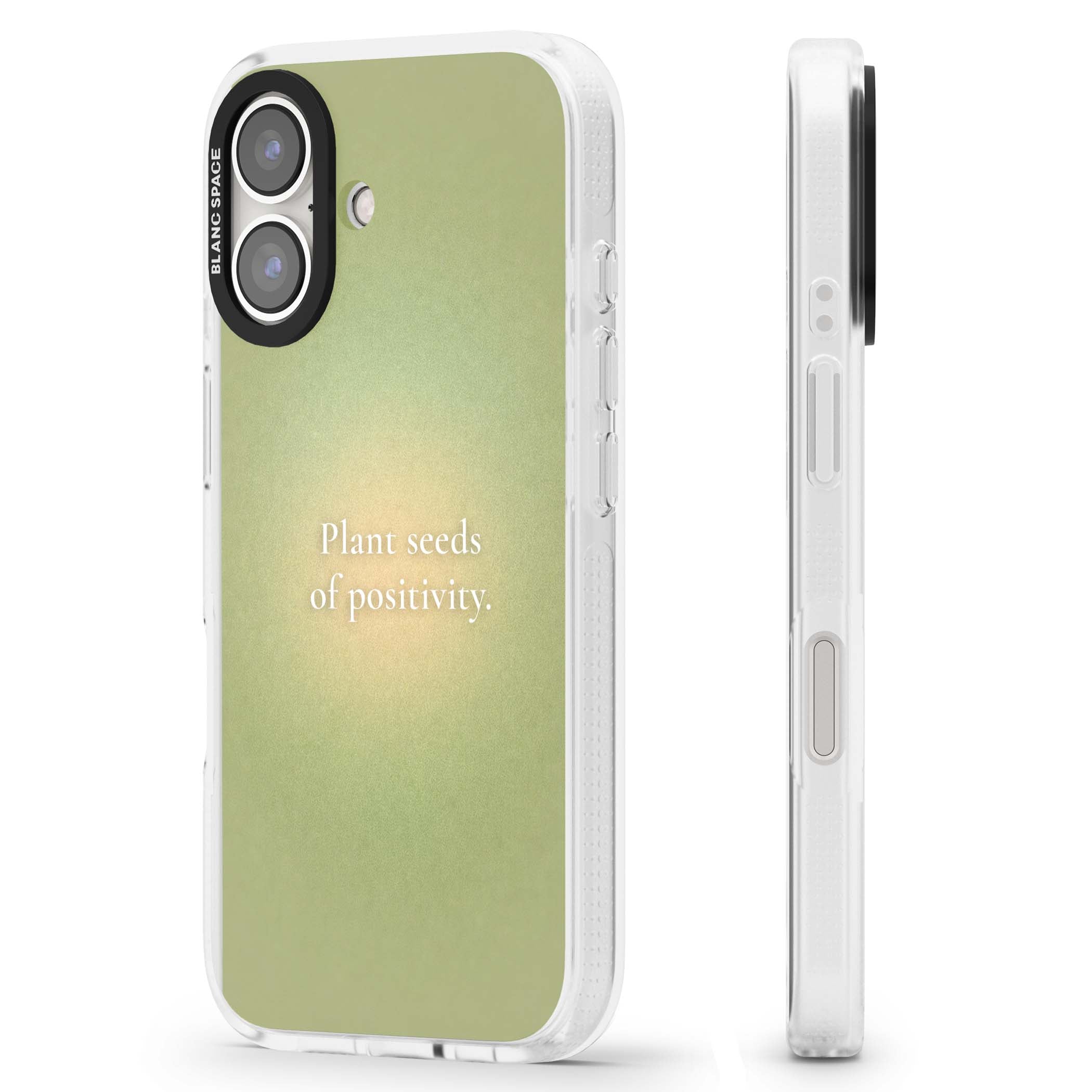 Seeds of Positivity quote iPhone case featuring a sage green aura gradient and golden glow affirmation | Clear Case Impact Air case for iPhone 16, iPhone 16 Plus