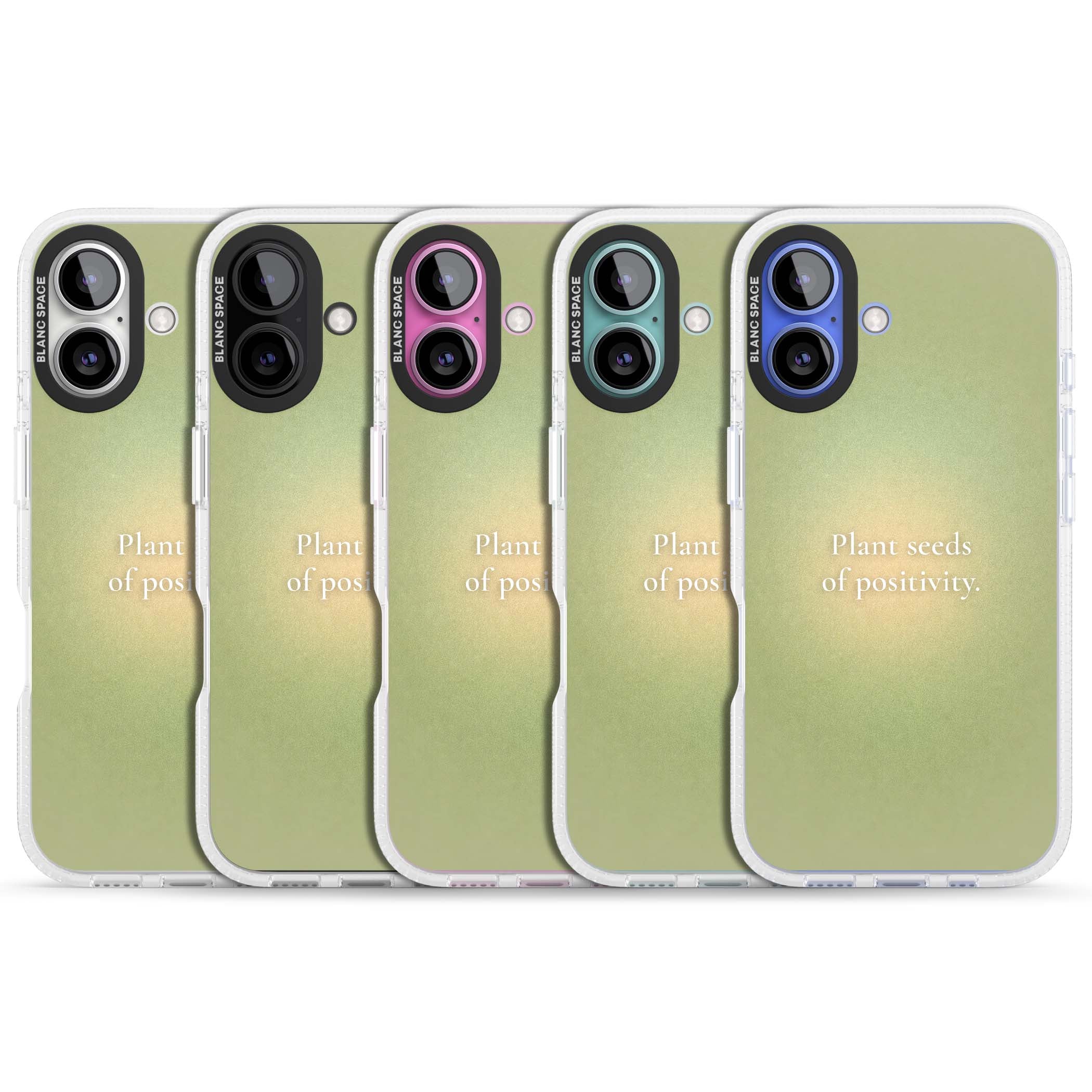 Seeds of Positivity quote iPhone case featuring a sage green aura gradient and golden glow affirmation | Clear Case Impact Air case for iPhone 16, iPhone 16 Plus