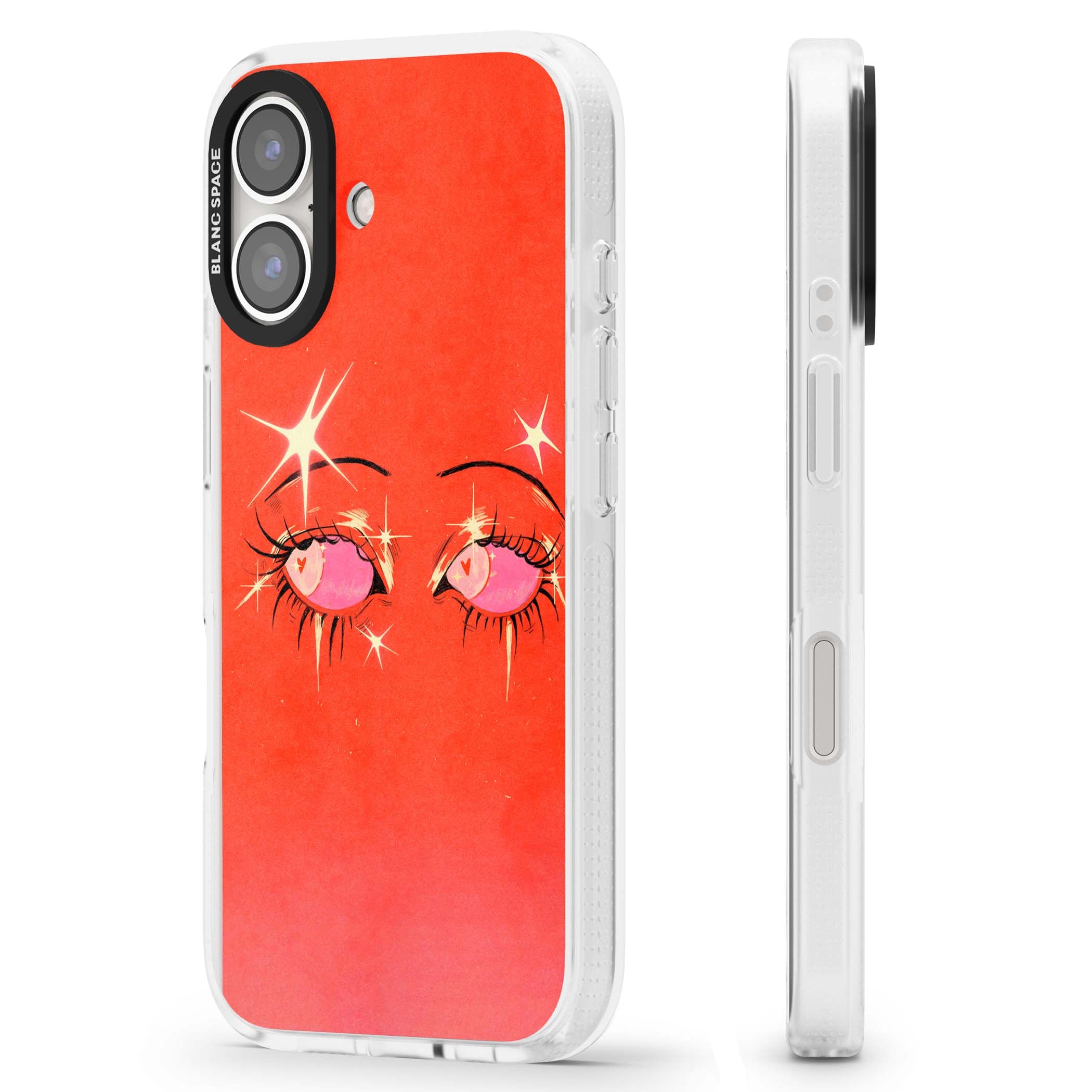 Pink Ethereal Eyes anime iPhone case featuring hand-drawn sparkly eyes with pink hearts and gold stars on red | Clear Case Impact Air case for iPhone 16, iPhone 16 Plus